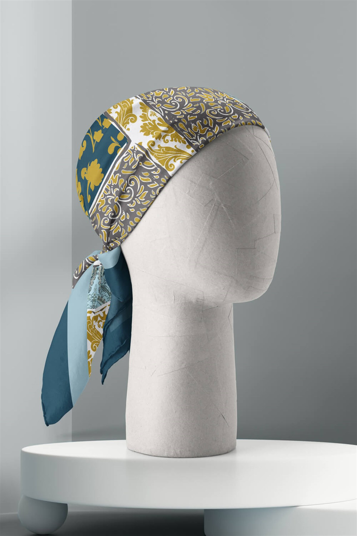 Violla D55 Kadın Hardal Açık Mavi Field Desenli 50x50 Bandana