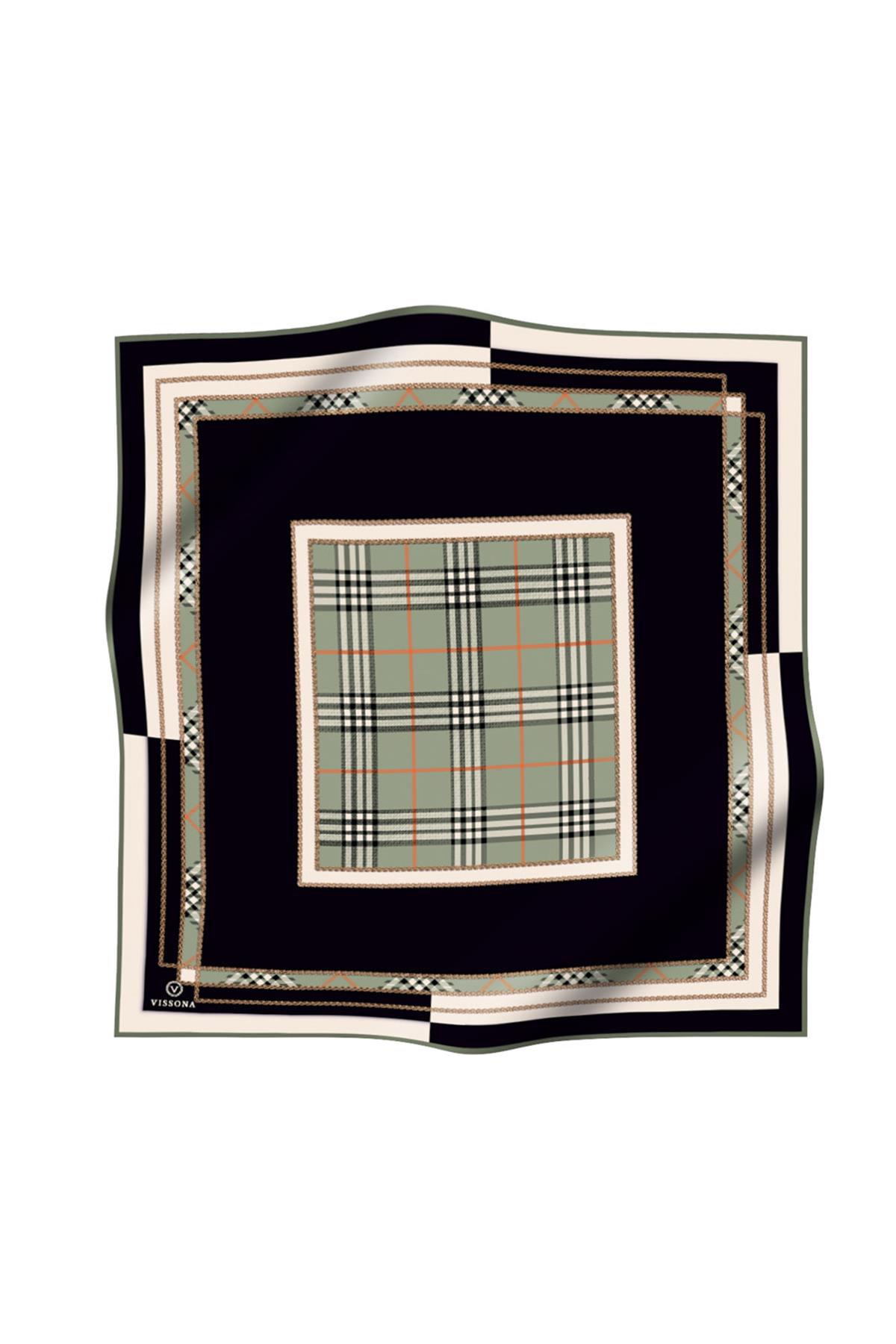 %100 Twill İpek Ekose Desenli Çağla Yeşili Renkli 90x90 Eşarp Dikim Şekli : El Dikişi