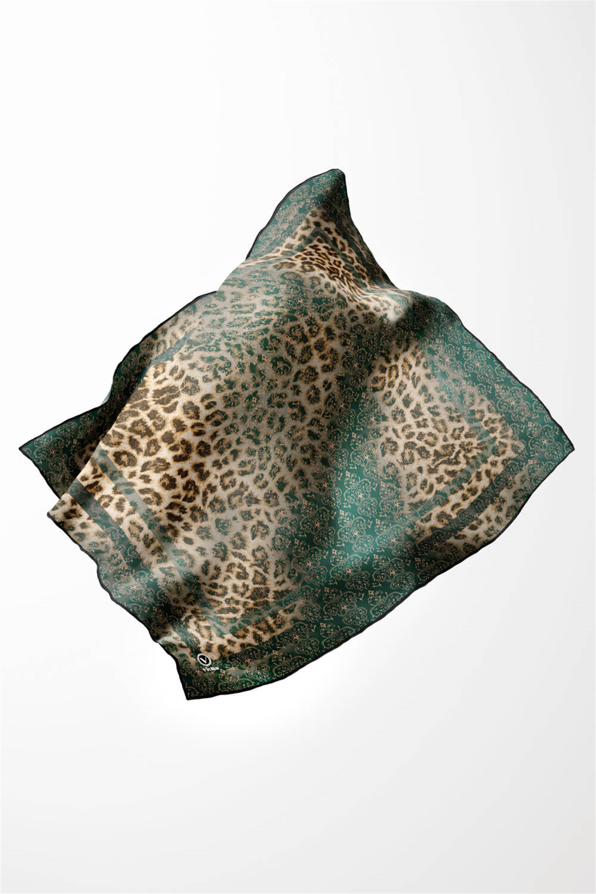 Twill Leopar Desenli Petrol Yeşili Renkli 90x90 Eşarp (İpek İçermez) Kenar Dikiş Şekli El Dikişli