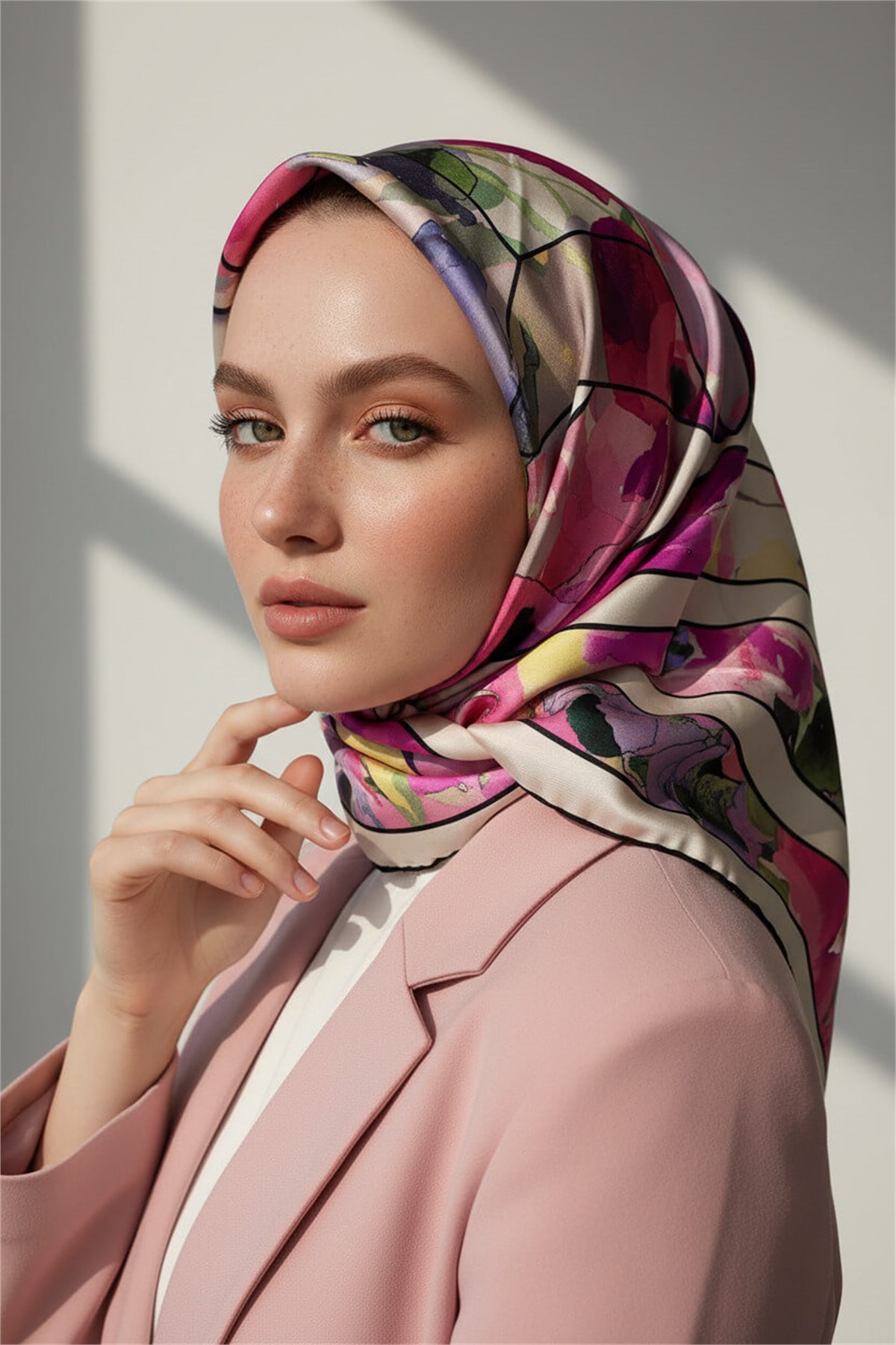 %100 Twill İpek Bahar Çiçekleri Desenli Mürdüm - Bebe Mavisi Renkli 90x90 Eşarp Kenar Dikiş Şekli El Dikişli