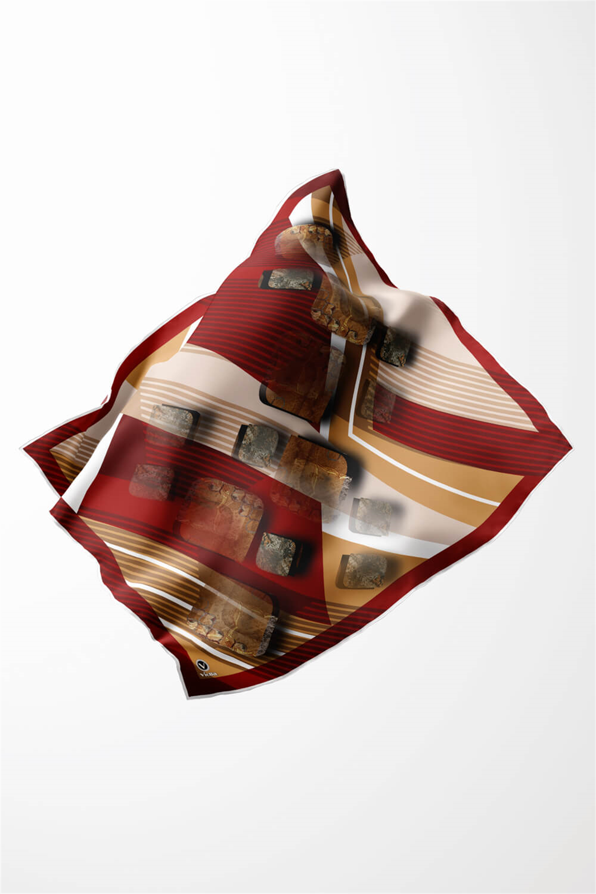 Twill Çizgili ve Geometrik Desenli Bordo Renkli 90x90 Eşarp (İpek İçermez) Kenar Dikiş Şekli El Dikişli