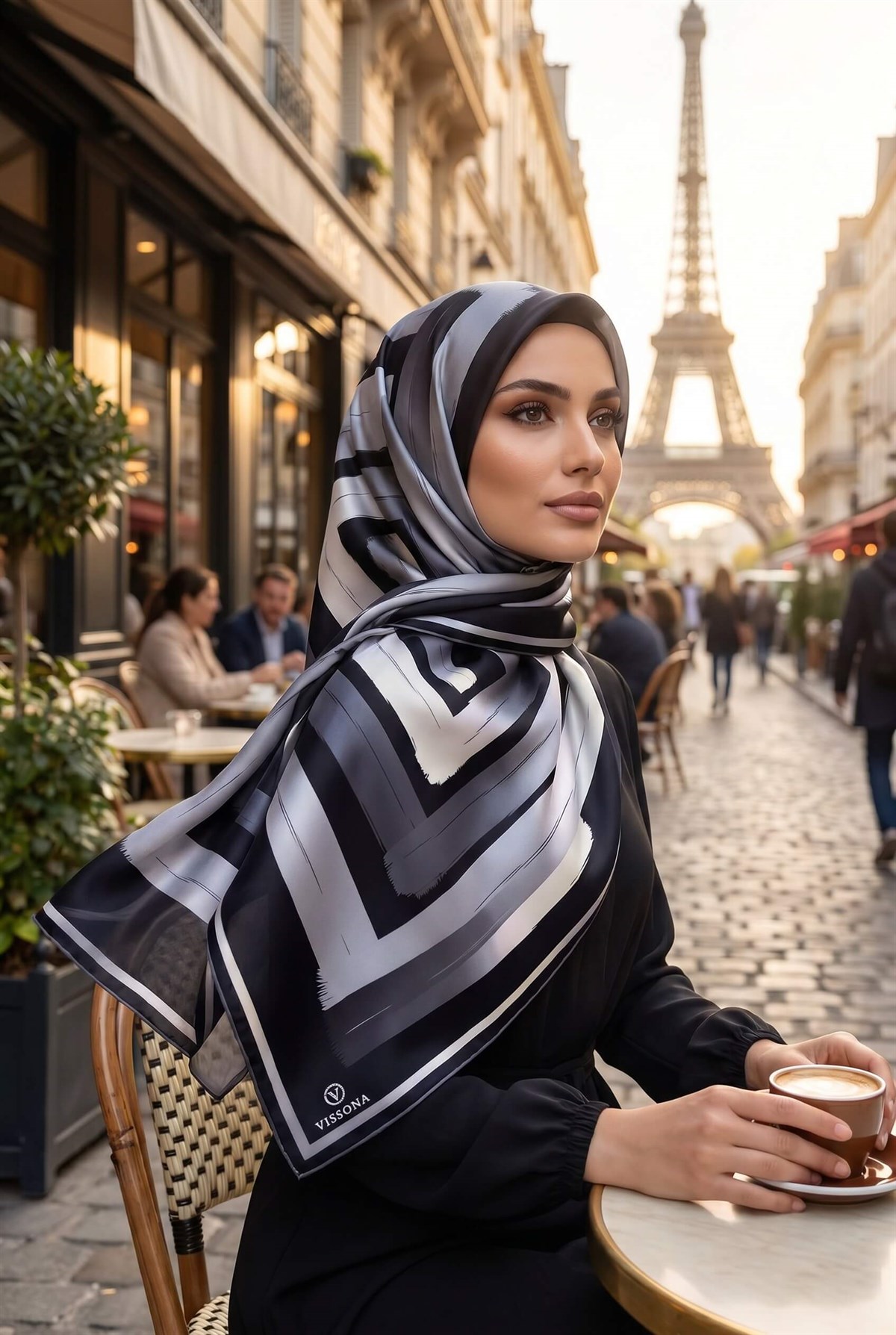 %100 Twill İpek Geometrik Fırça İzi Desenli Siyah - Gri Renkli 90x90 Eşarp Dikim Şekli : El Dikişi