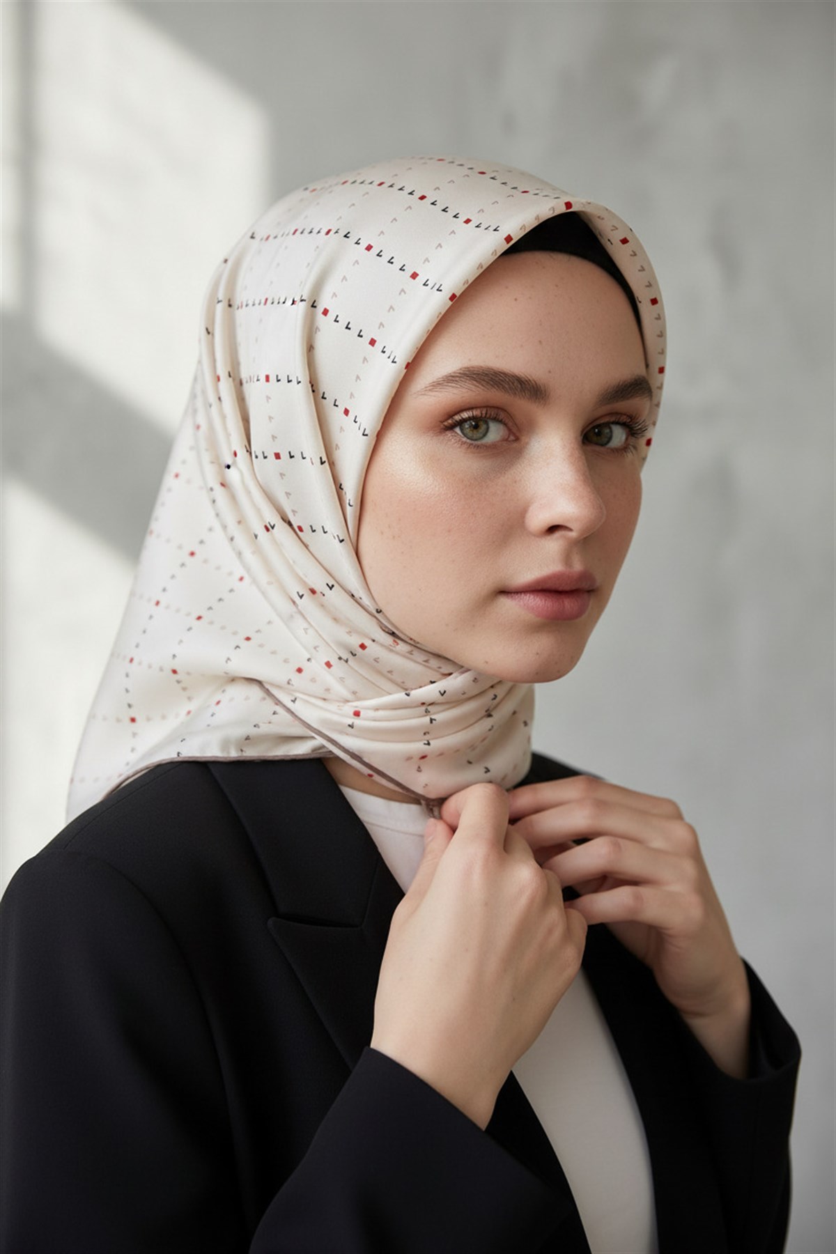 %100 Twill İpek Minik V Desenli Beyaz Renkli 90x90 Eşarp Dikim Şekli : El Dikişi