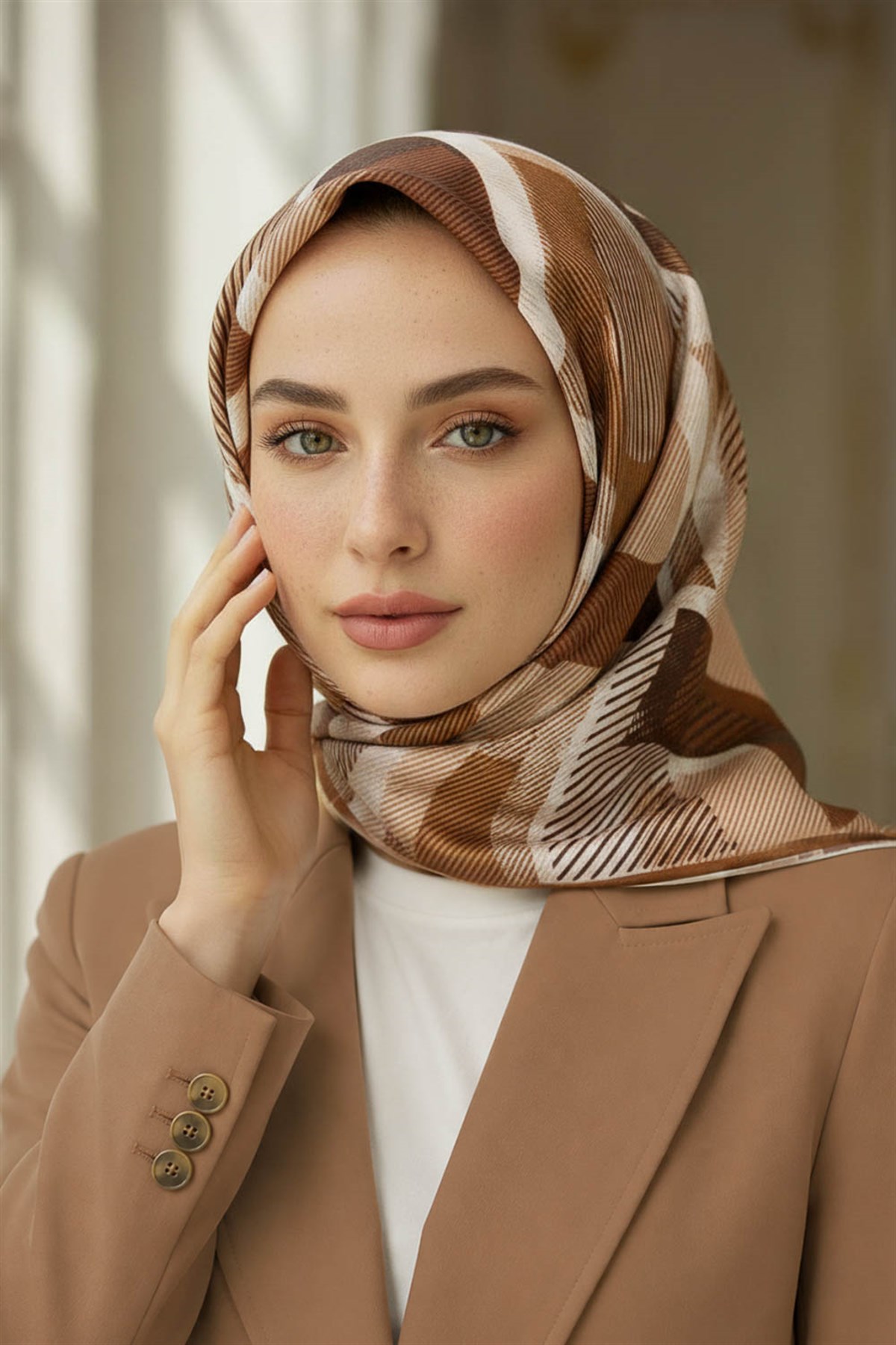 %100 Twill İpek Geometri Desenli Krem - Kahve Renkli 90x90 Eşarp Kenar Dikiş Şekli El Dikişli