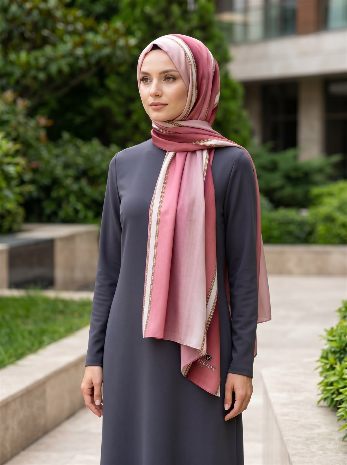 %100 Saf İpek Şal İnce Saten Vual Dokuma Şerit Desenli Gül Kurusu - Pudra Renkli 90x210 Şal