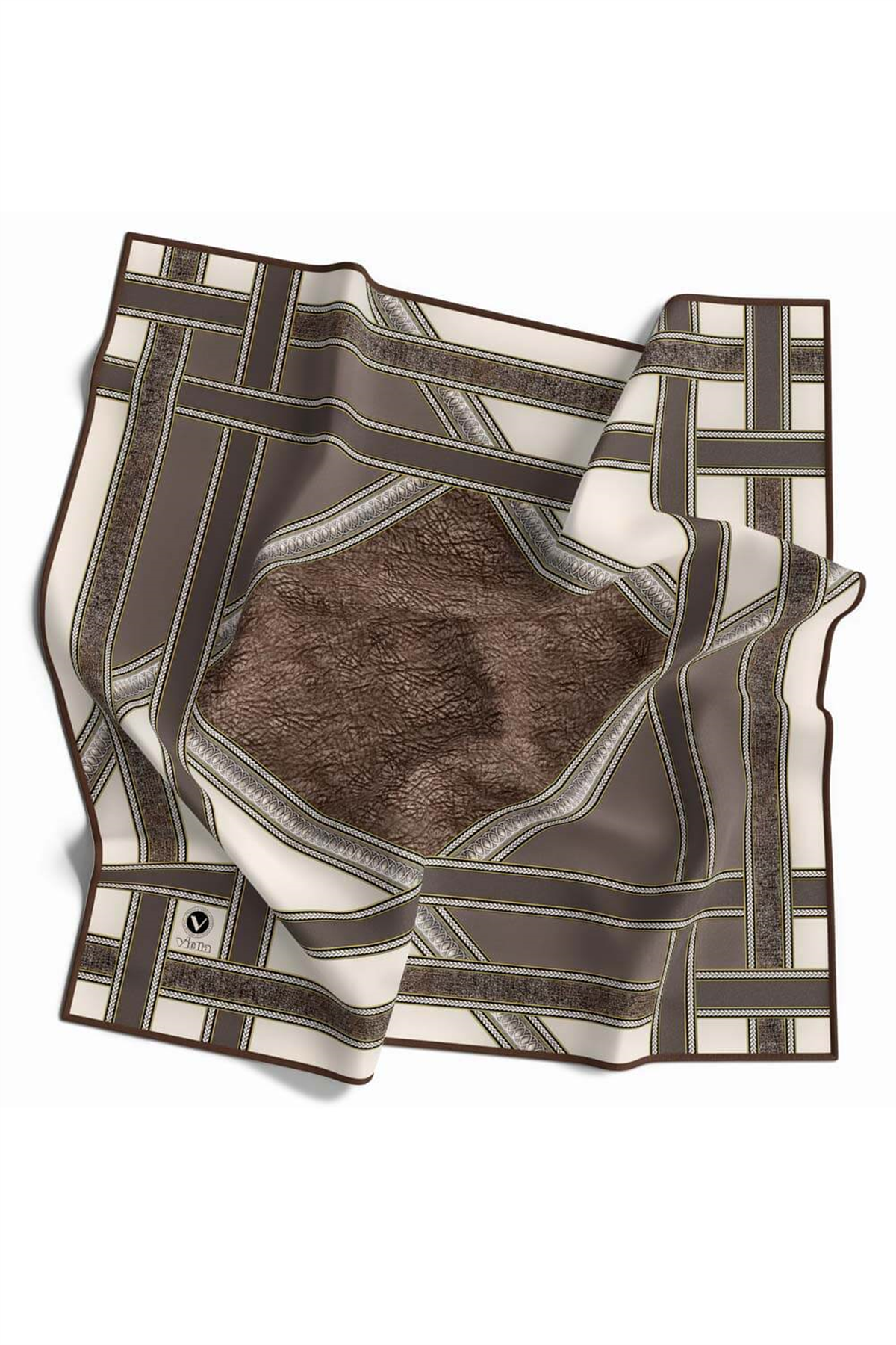 Twill Bordür Taş Desenli Vizon Renkli 90x90 Eşarp (İpek İçermez) Kenar Dikiş Şekli El Dikişli