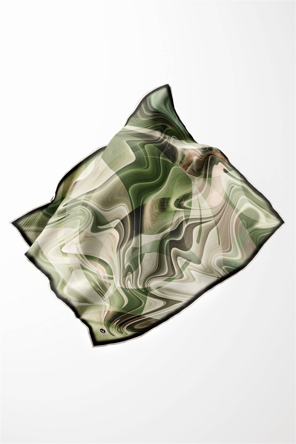 Twill Soyut Dalga Desenli Zümrüt Yeşili Renkli 90x90 Eşarp (İpek İçermez) Dikim Şekli : El Dikişi