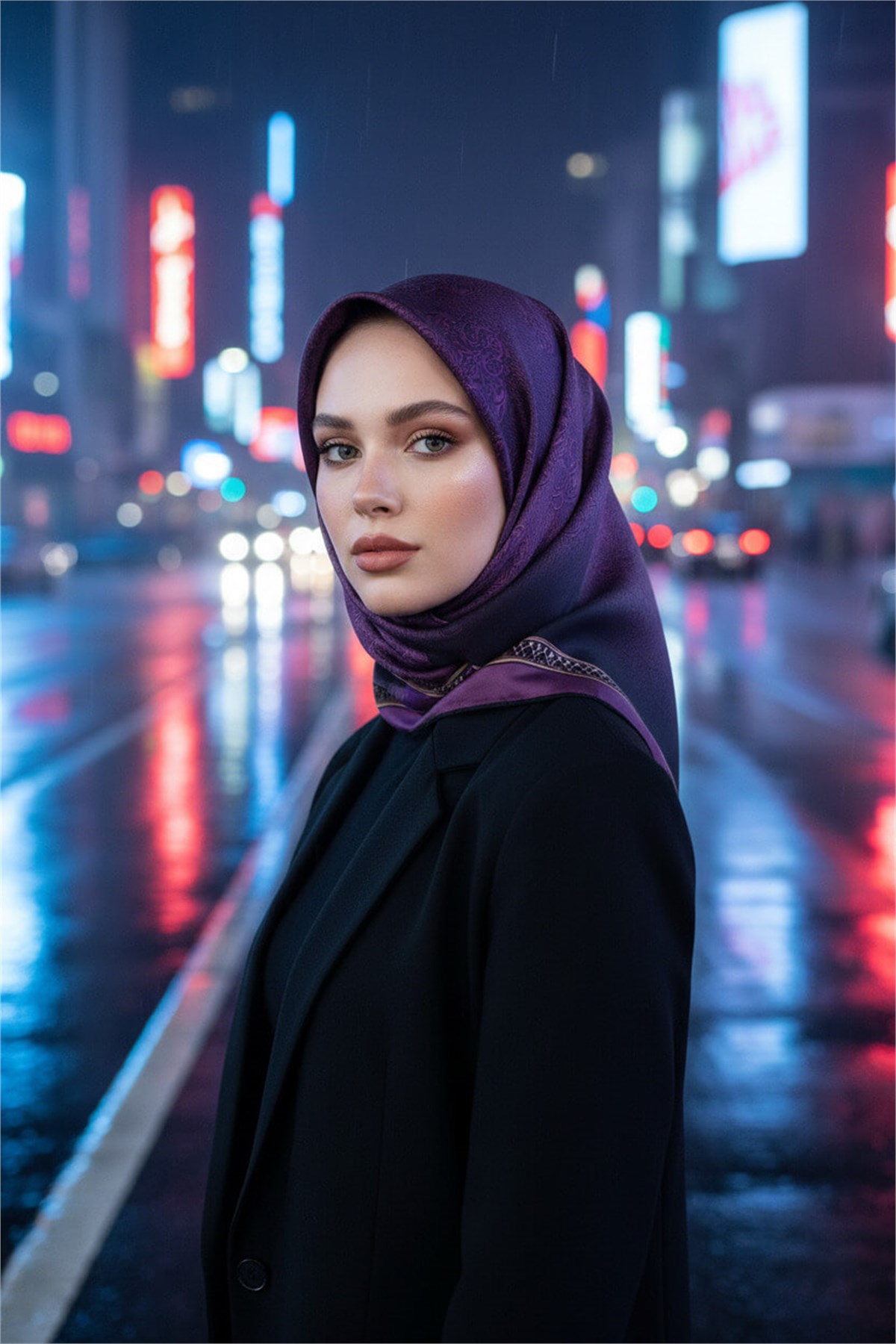 %57 İpek %43 Viskon Twill Eşarp 90x90 Mürdüm Barok Desenli El Dikişli Kadın Eşarp