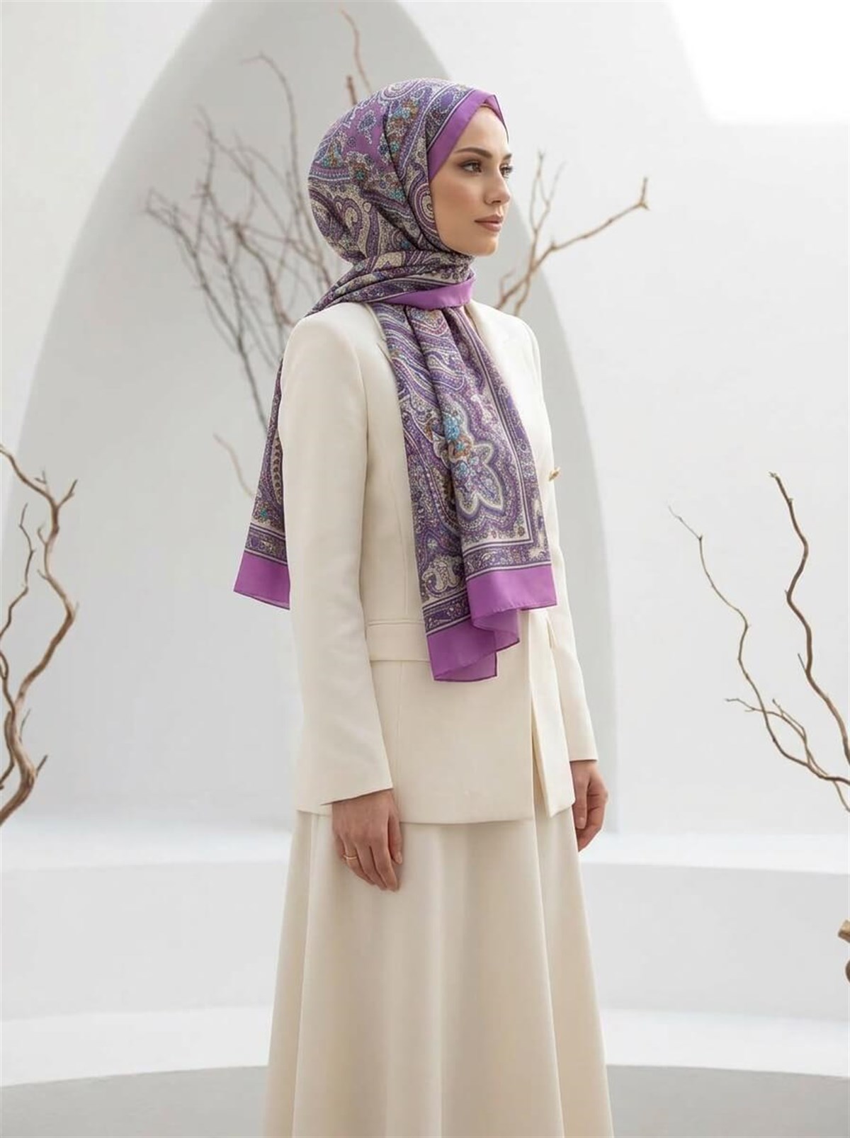 %100 İpek Etro Desenli Fuşya Renkli 92x210 Şal