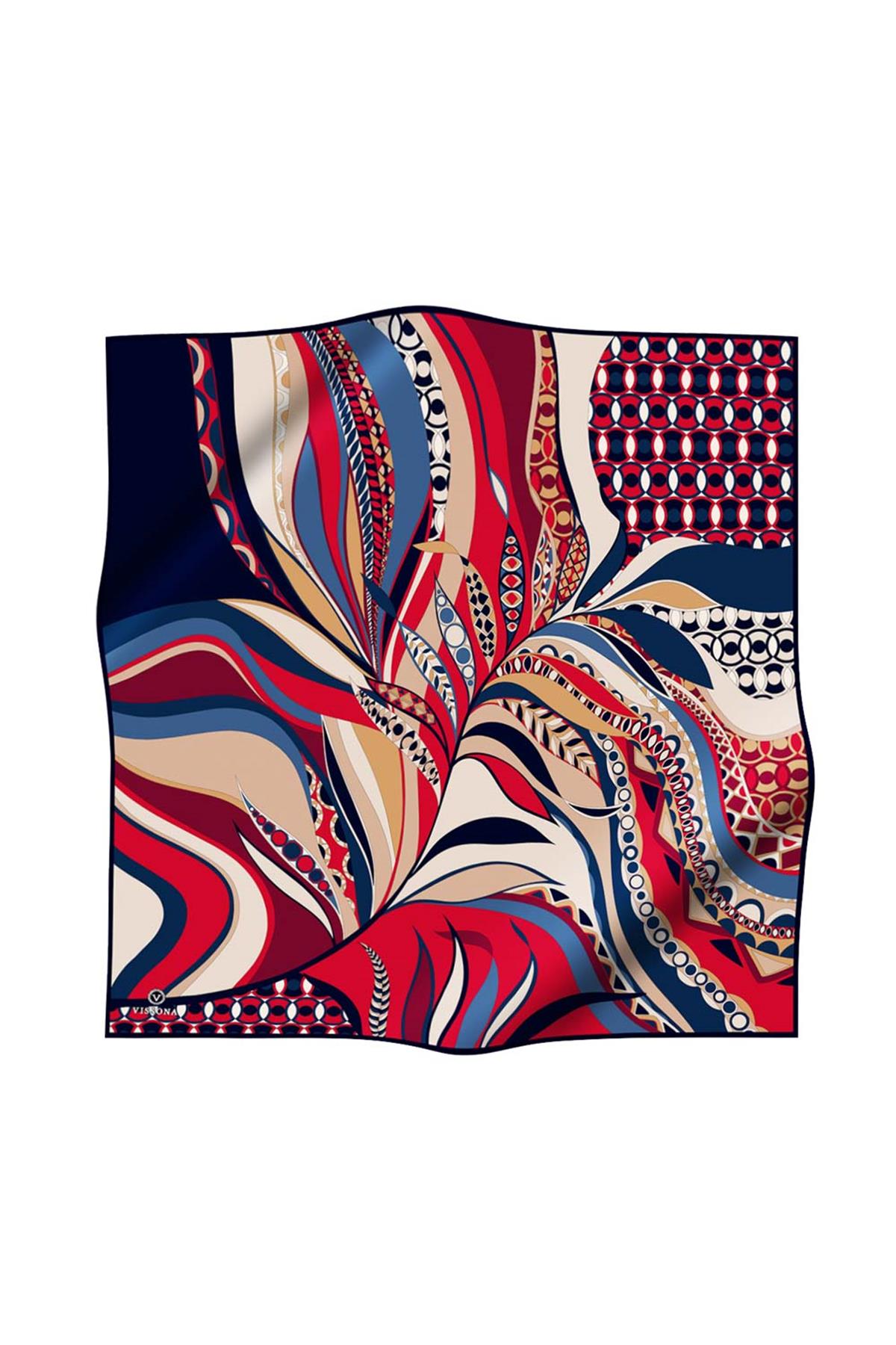 100% Twill Etnik Yaprak Desenli Bordo - Lacivert Renkli 90x90 Dikim Şekli : El Dikişi Eşarp