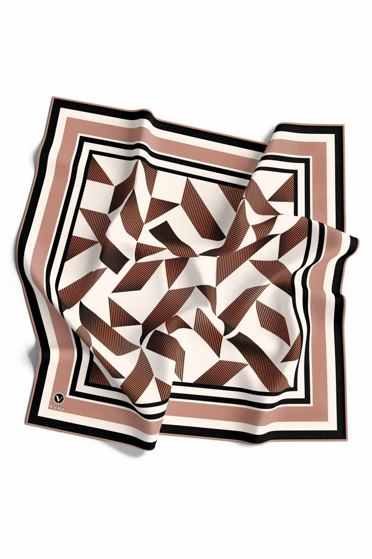 Twill Geometrik Desenli Somon Renkli 90x90 Eşarp (İpek İçermez) Kenar Dikiş Şekli El Dikişli