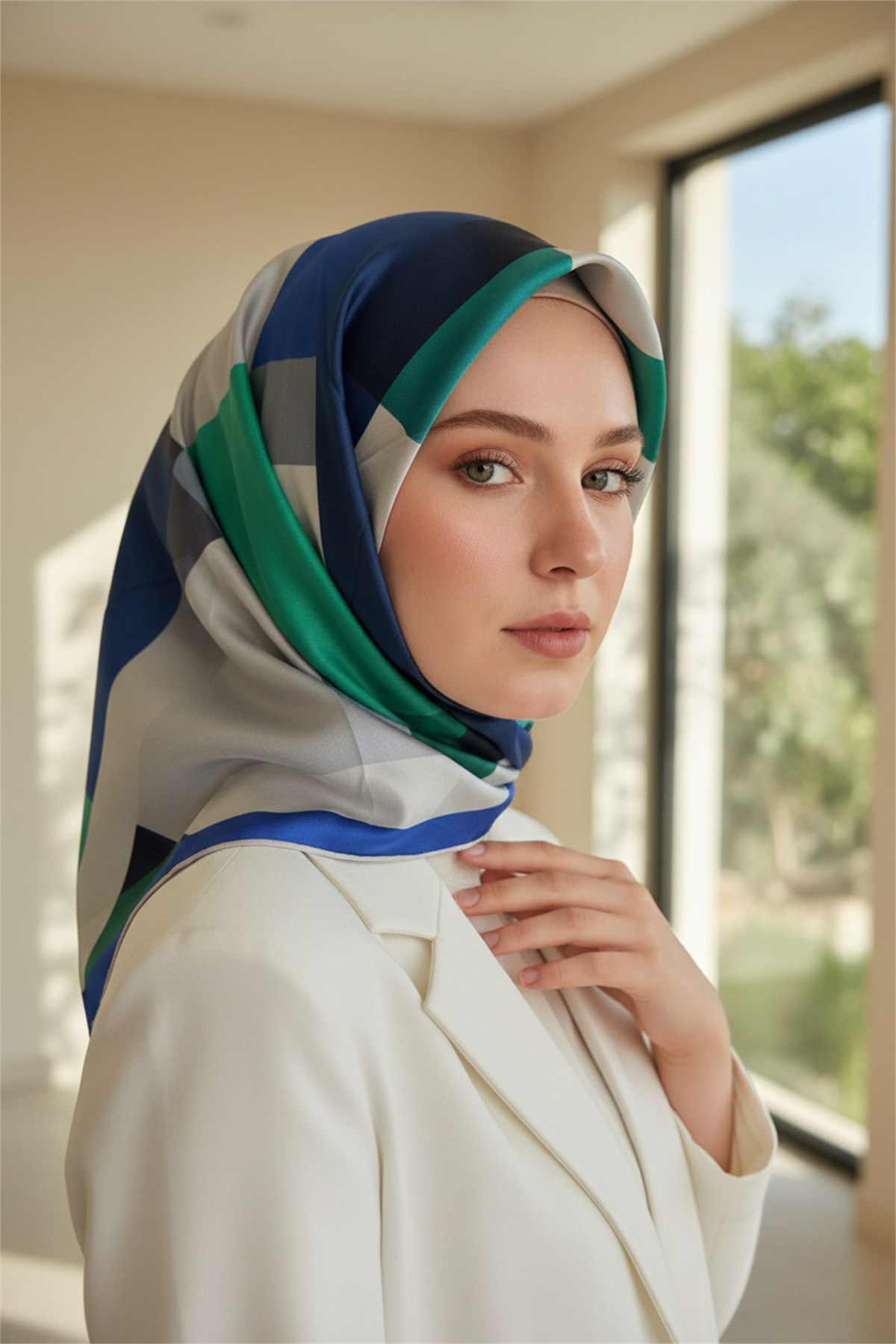 %100 Twill İpek Eşarp 90x90 Zümrüt Yeşili Saks Geometrik Desenli El Dikişli Kadın Eşarp