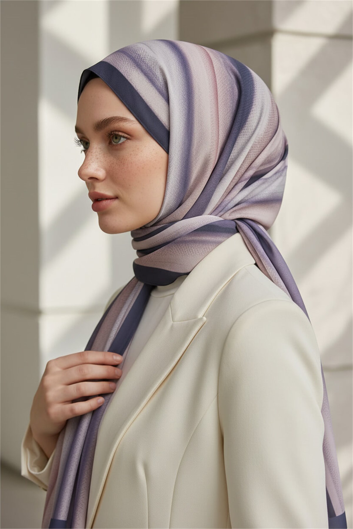 KREP SULU BOYA ÇİZGİLİ DESENLİ PUDRA RENKLİ 75X195 KIRIŞMAZ ŞAL