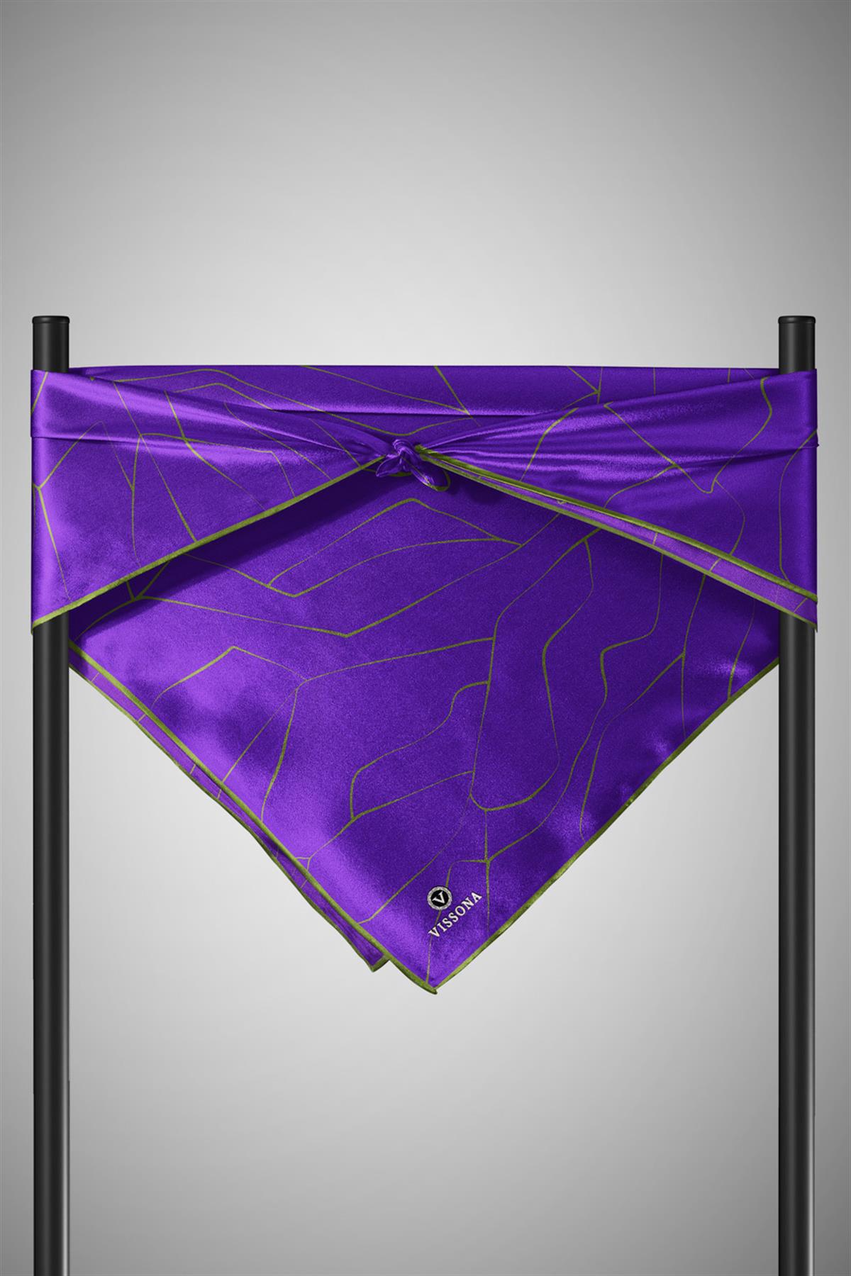 %100 Twill İpek Çizgi Desenli Mor - Haki Renkli 90x90 Eşarp Dikim Şekli : El Dikişi