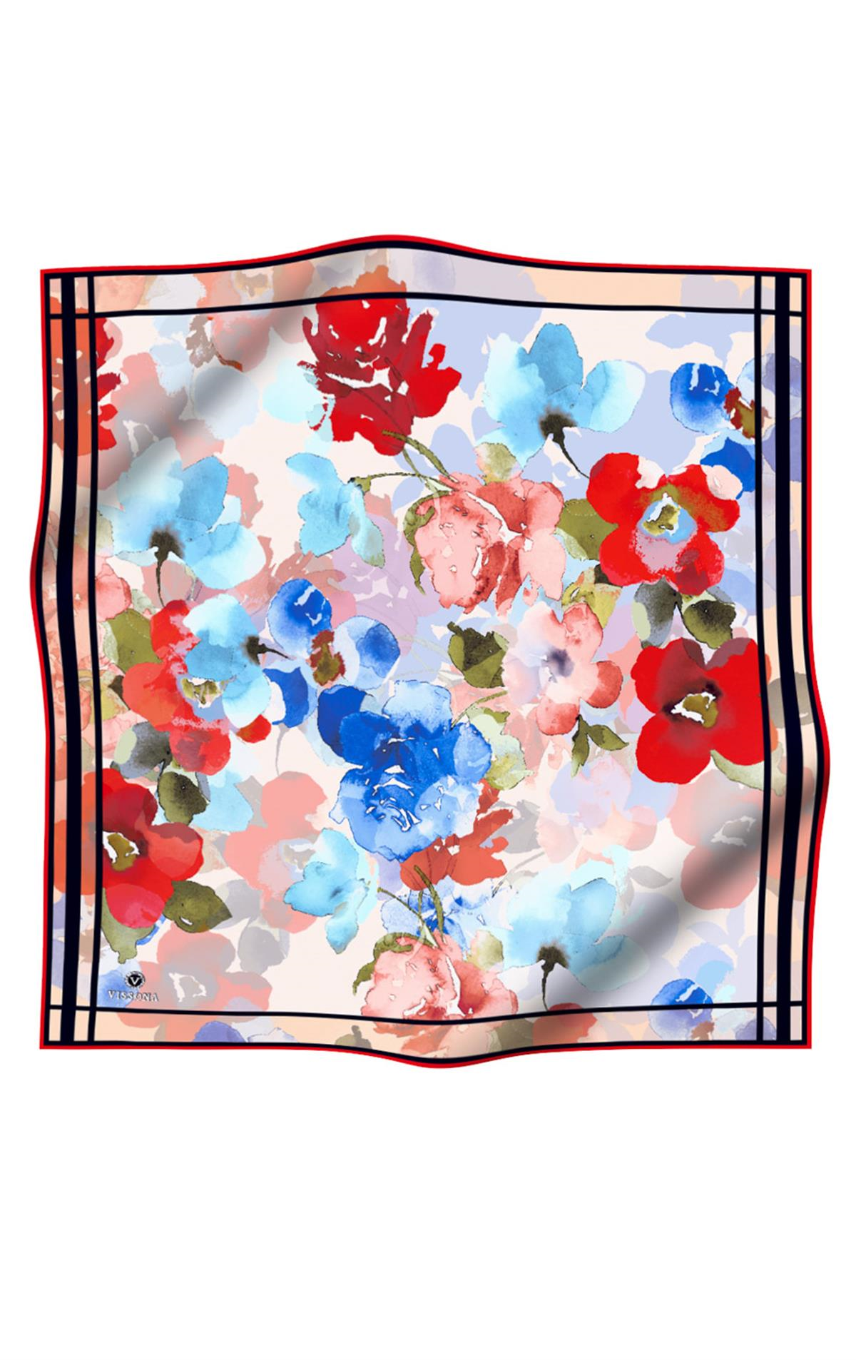 % 57 İPEK % 43 VİSKON Twill İpek Sulu Boyalı Çiçek Desenli Kırmızı - Bebe Mavisi Renkli 90x90 Eşarp Dikim Şekli : El Dikişi