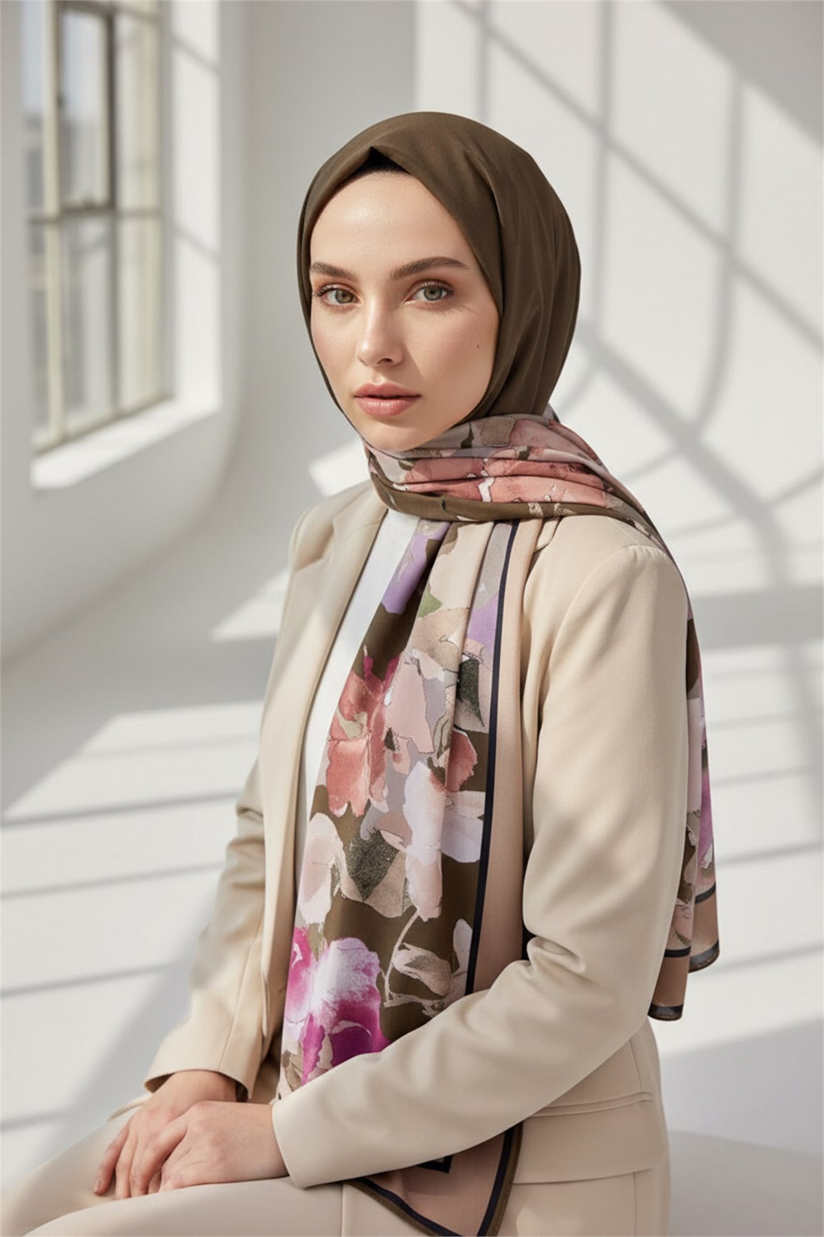 KREP ÇİÇEK DESENLİ KAHVERENGİ - MÜRDÜM RENKLİ 75X195 KIRIŞMAZ ŞAL