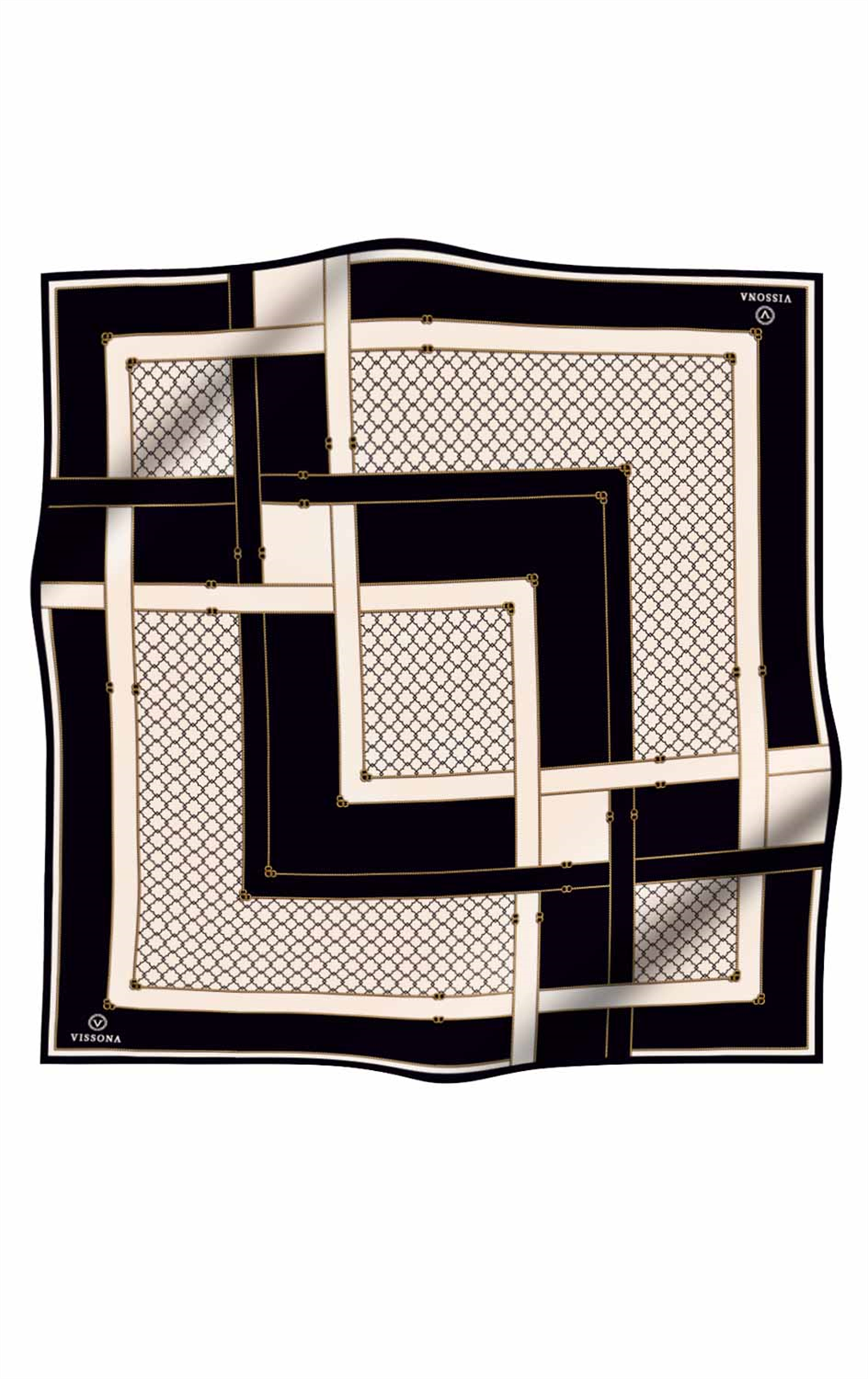 %100 Twill İpek Geometrik Desenli Siyah - Krem Renkli 90x90 Eşarp Dikim Şekli : El Dikişi