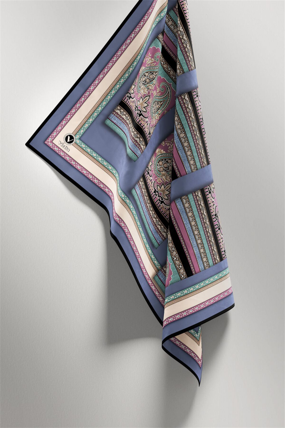 Twill Şal Desenli İndigo Renkli 90x90 Eşarp (İpek İçermez) Kenar Dikiş Şekli El Dikişli
