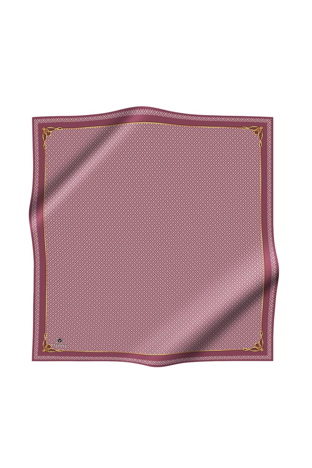%100 Twill İpek Minik Motif Desenli Gül Kurusu - Krem Renkli 90x90 Eşarp Dikim Şekli : El Dikişi