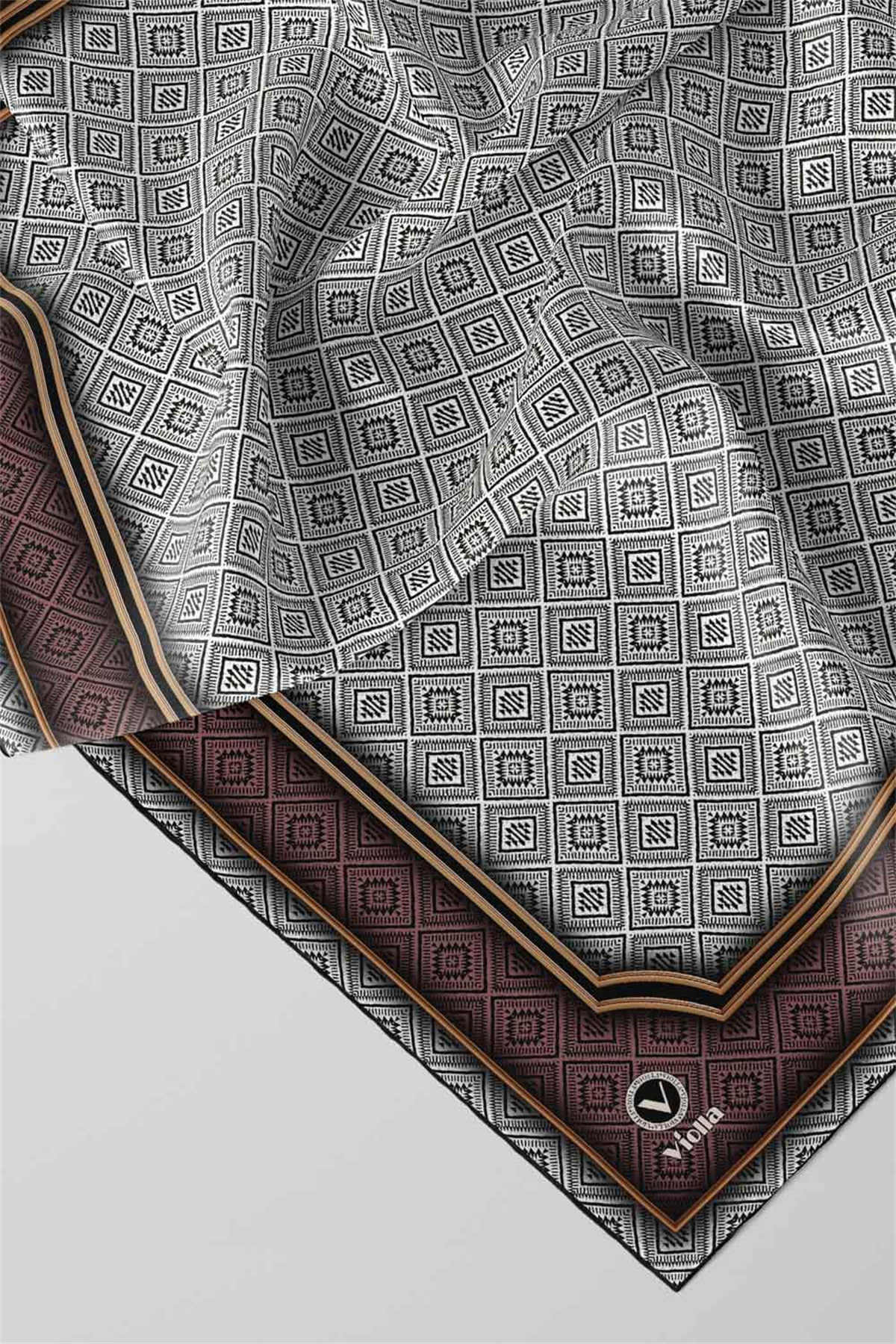 Twill Geometrik Çıtır Desenli Gül Kurusu Renkli 90x90 Eşarp (İpek İçermez) Kenar Dikiş Şekli El Dikişli
