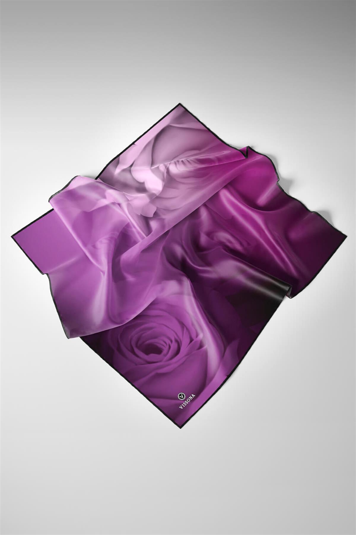 %100 Twill İpek Gül Desenli Mor - Pembe Renkli 90x90 Eşarp Dikim Şekli : El Dikişi