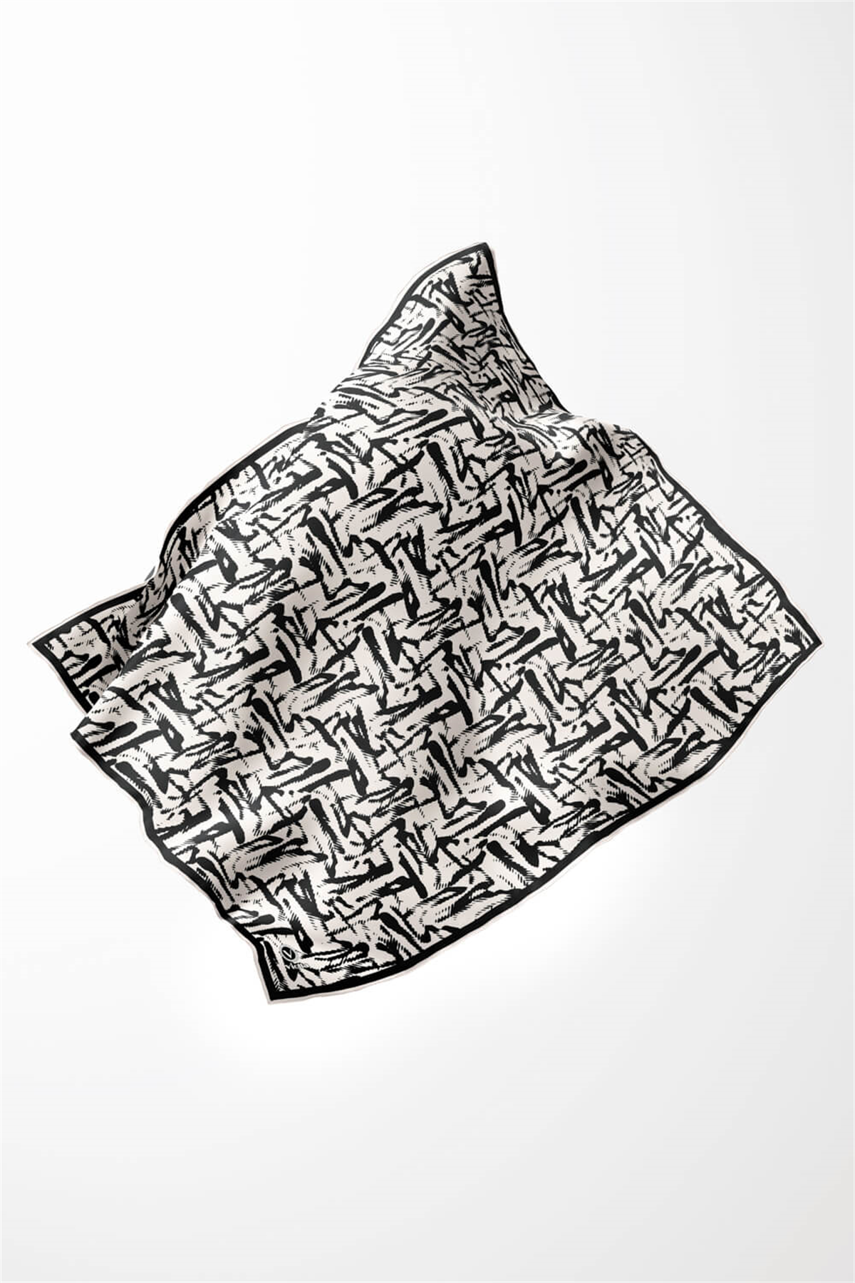 Twill Geometrik Desenli Siyah - Krem Renkli 90x90 Eşarp (İpek İçermez) Dikim Şekli : El Dikişi