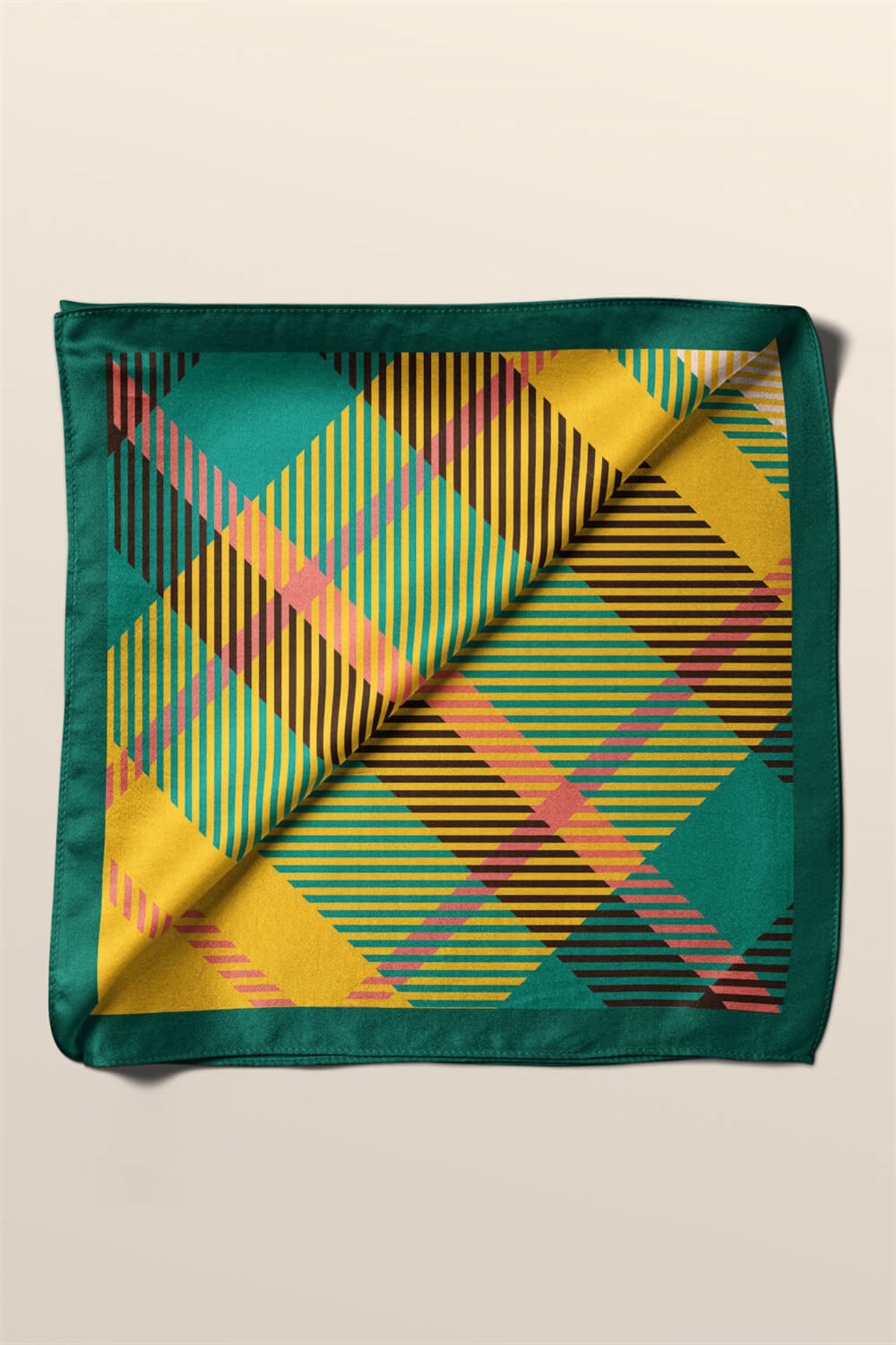 Violla D80 Kadın Ekose Desenli Bandana 50x50 Yeşil Sarı DG0200-22