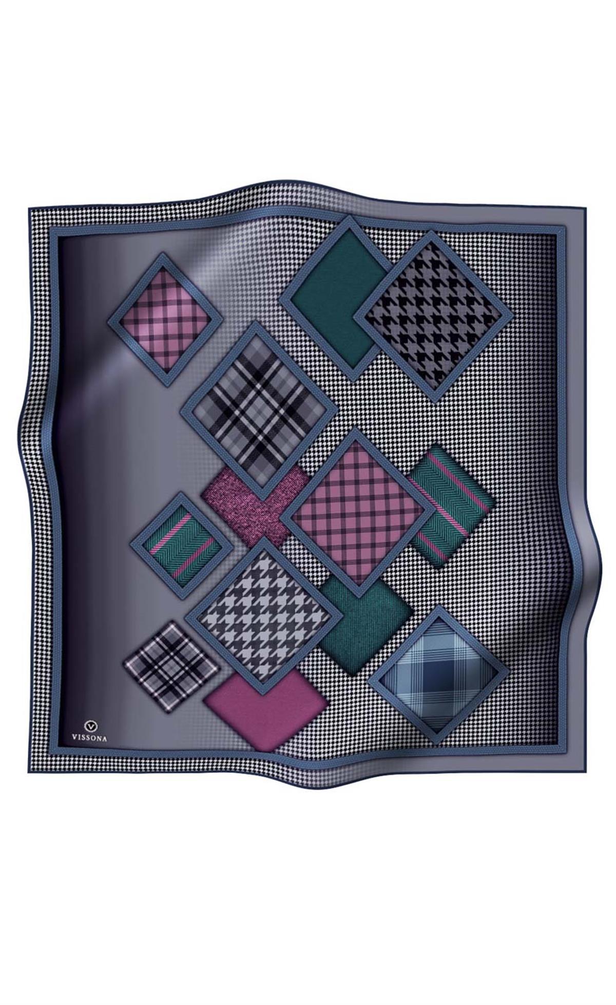 %100 Twill İpek Kazakayaklı Ve Ekose Desenli Gri - Gümüş Renkli 90x90 Eşarp Dikim Şekli : El Dikişi