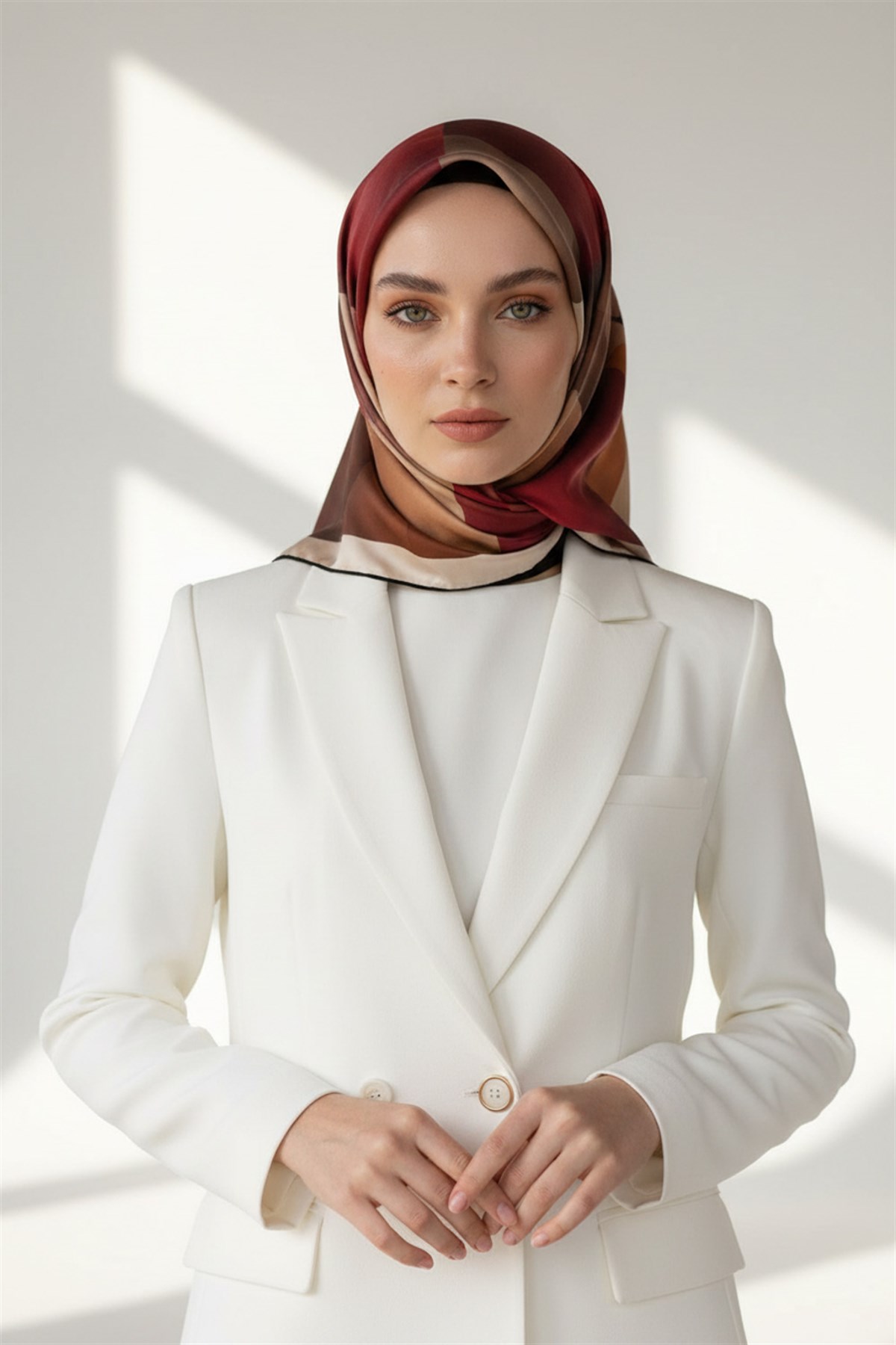 %100 Twill İpek Geometrik Desenli Bej - Kırmızı Renkli 90x90 Eşarp Dikim Şekli : El Dikişi