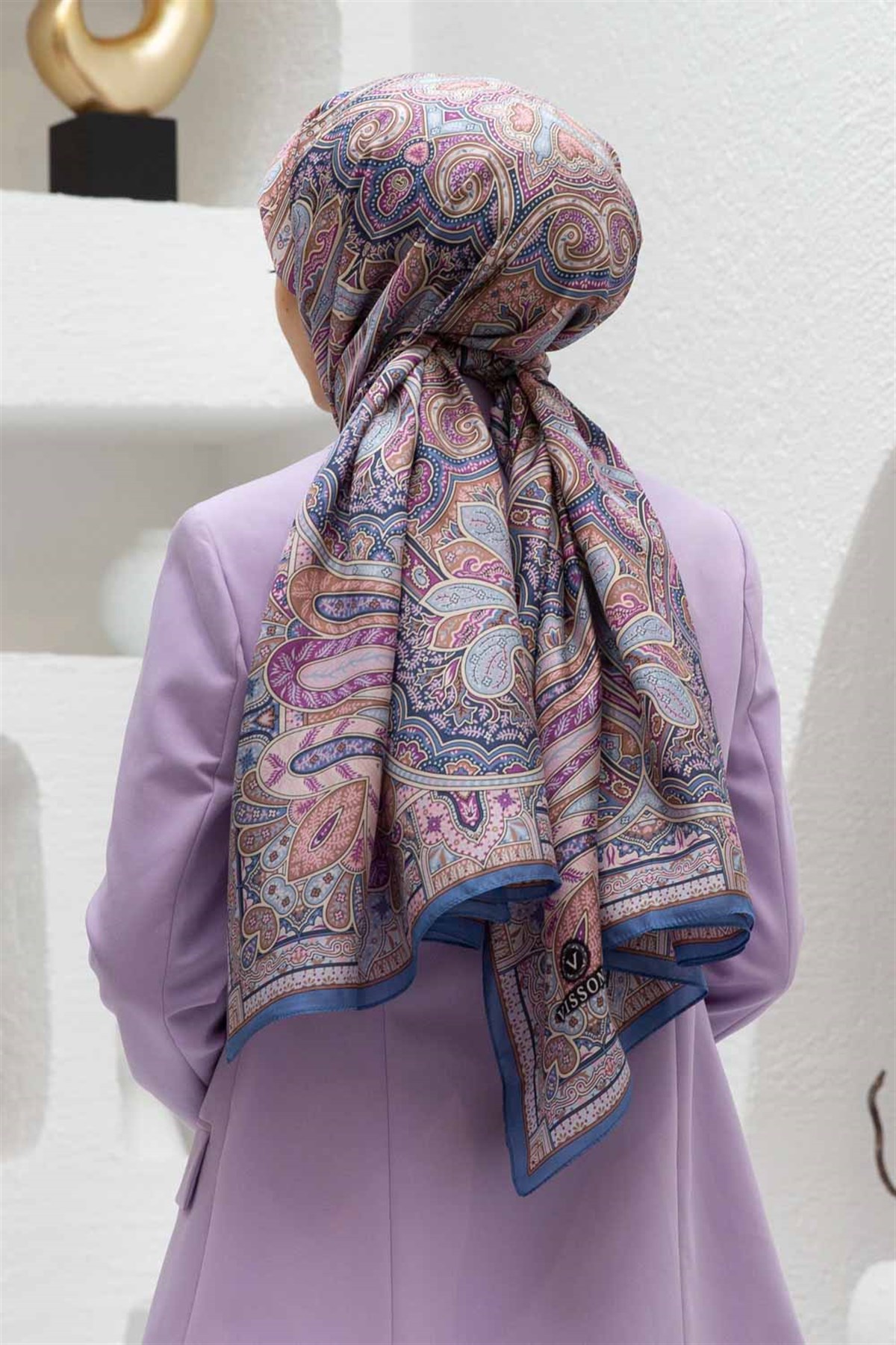 100% İpek Etro Desenli Saks - Pembe Renkli 92x210 Şal