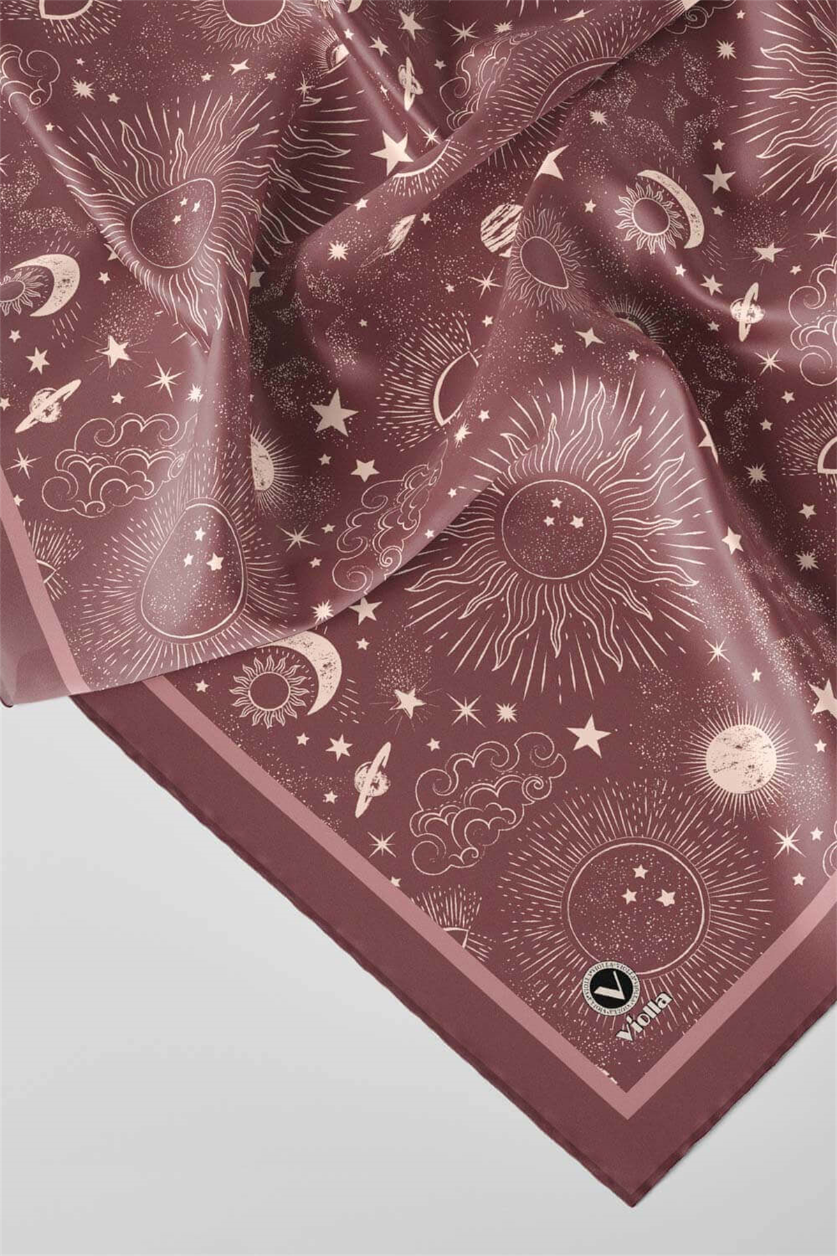 Twill Galaksi Desenli Gül Kurusu Renkli 90x90 Eşarp (İpek İçermez) Dikim Şekli : El Dikişi