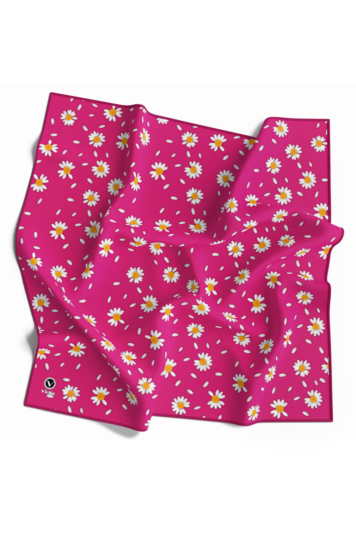 Twill Papatya Desenli Fuşya Renkli 90x90 Eşarp (İpek İçermez) Kenar Dikiş Şekli El Dikişli