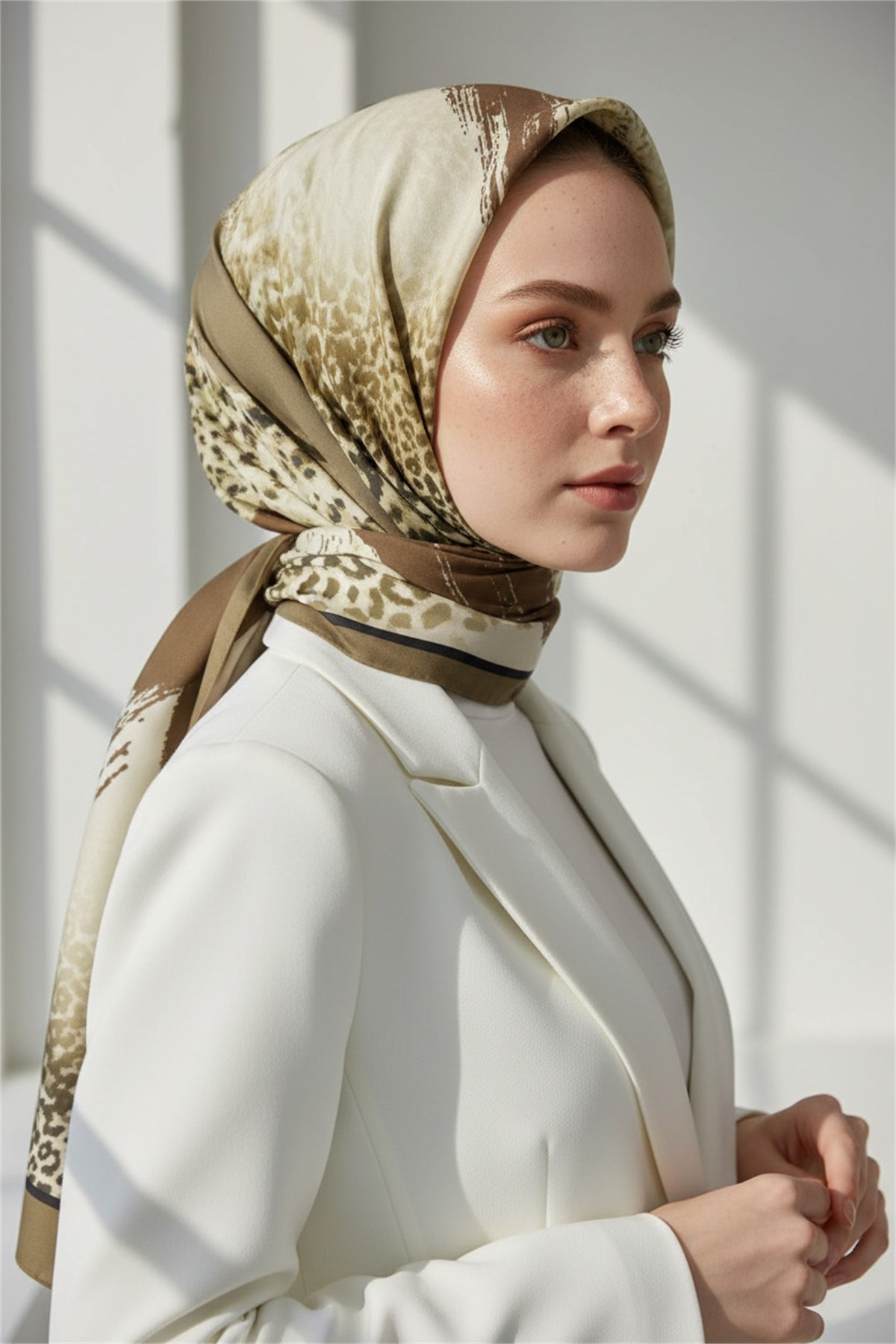 KREP RENKLİ FIRÇA VE LEOPAR DESENLİ VİZON RENKLİ 75X195 KIRIŞMAZ ŞAL