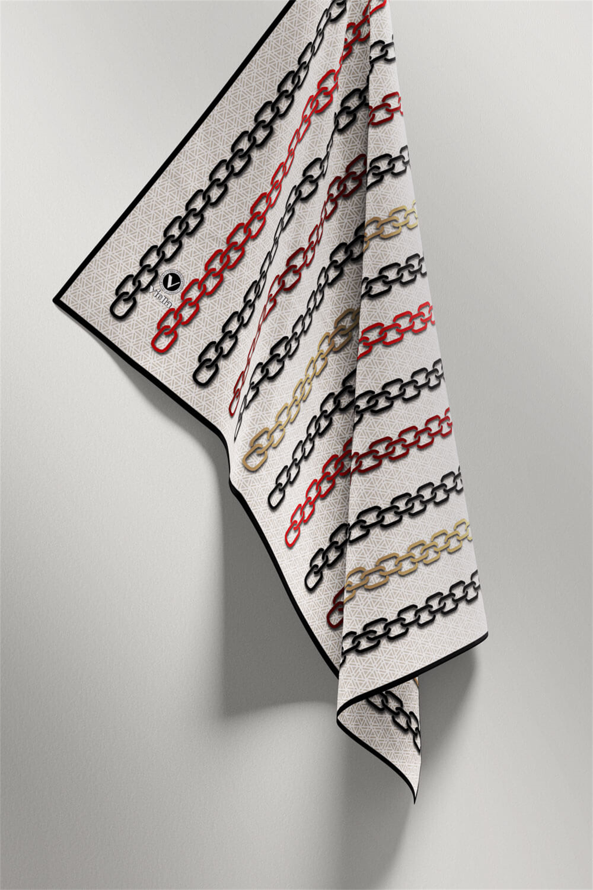 Twill Zincir Desenli Krem - Bordo Renkli 90x90 Eşarp (İpek İçermez) Kenar Dikiş Şekli El Dikişli
