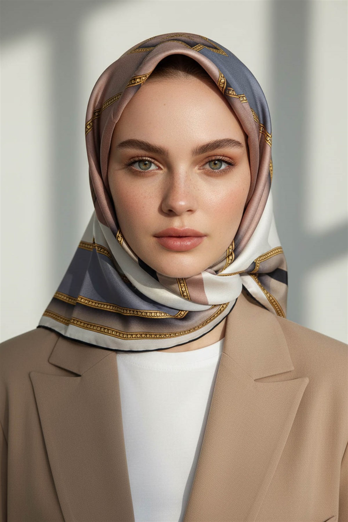 %100 Twill İpek Geometrik Desenli Pudra - Gümüş Renkli 90x90 Eşarp Dikim Şekli : El Dikişi