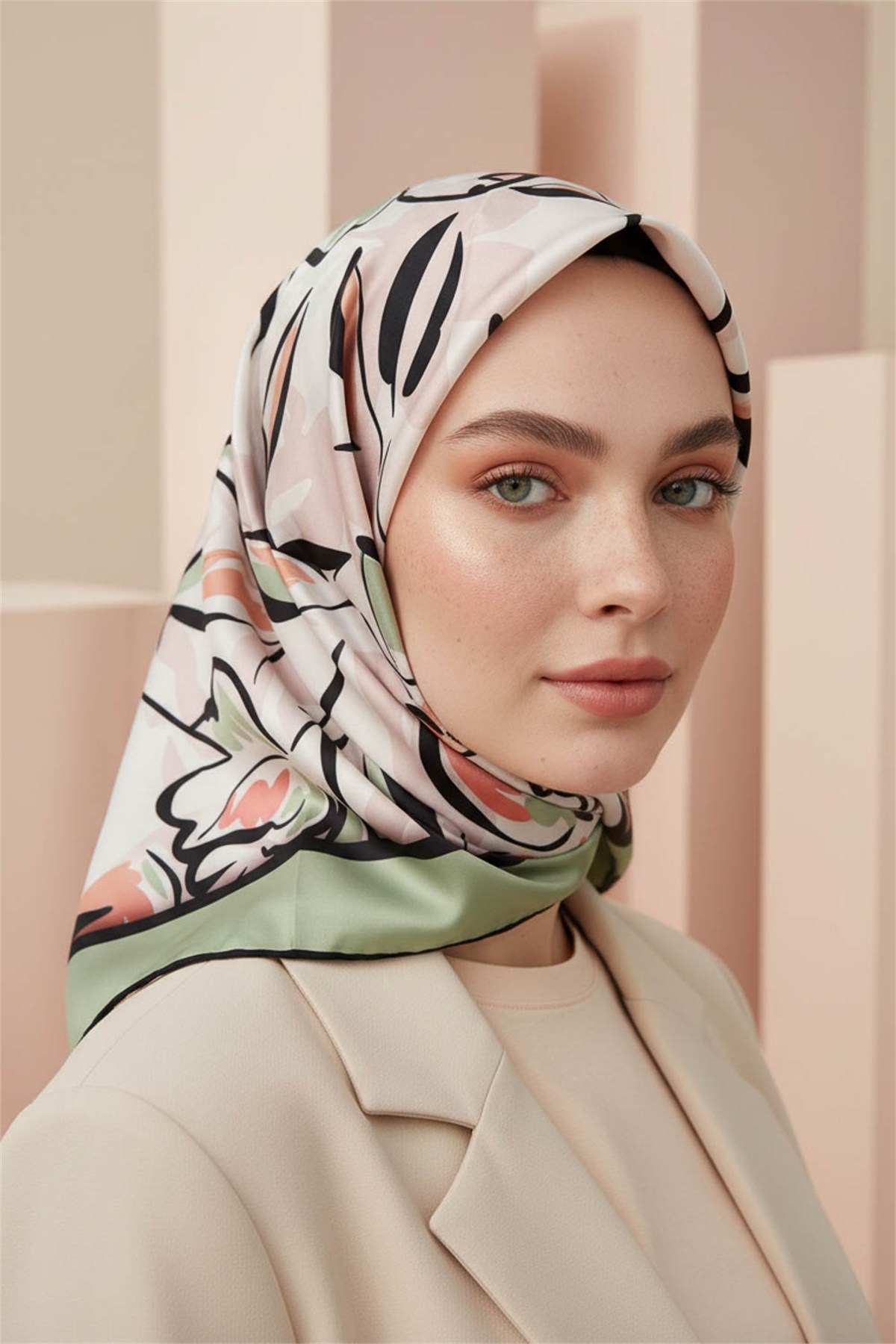 Rayon Bordürlü Çiçek Desenli Koyu Mint Yeşili Renkli 90x90 Dikim Şekli : El Dikişi Eşarp (İpek İçermez)