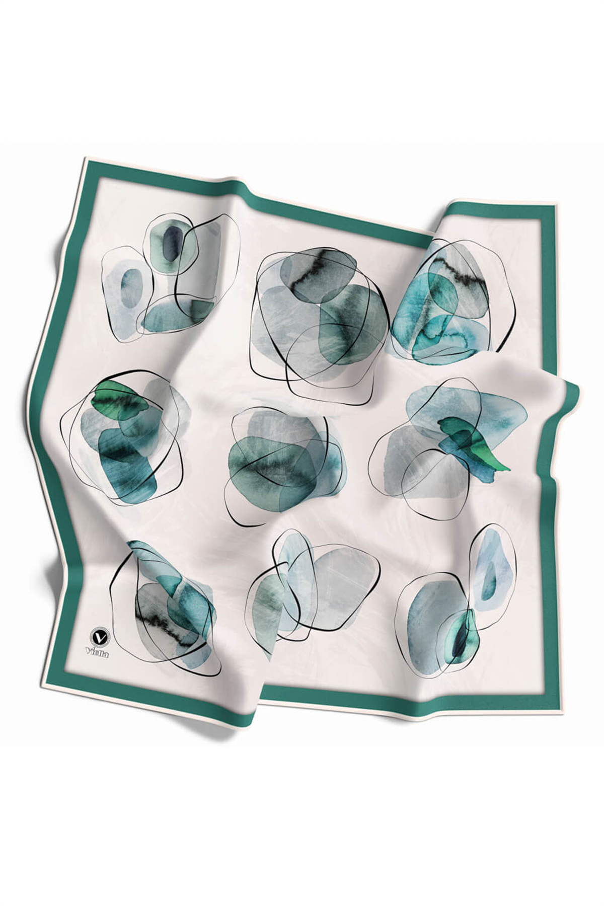 Twill Sulu Boya Geometrik Desenli Petrol Yeşili Renkli 90x90 Eşarp (İpek İçermez) Kenar Dikiş Şekli El Dikişli