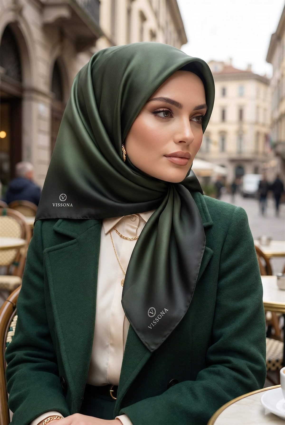 %100 Twill İpek Degrade Desenli Haki Renkli 90x90 Eşarp Dikim Şekli : El Dikişi