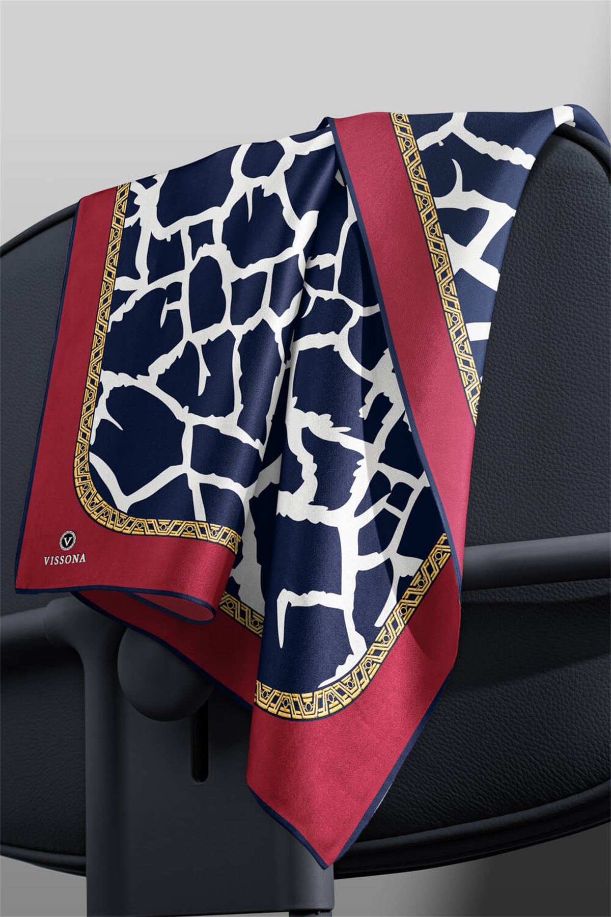 %100 Twill Taş Desenli Lacivert - Bordo Renkli 90x90 Eşarp Dikim Şekli: El Dikişi