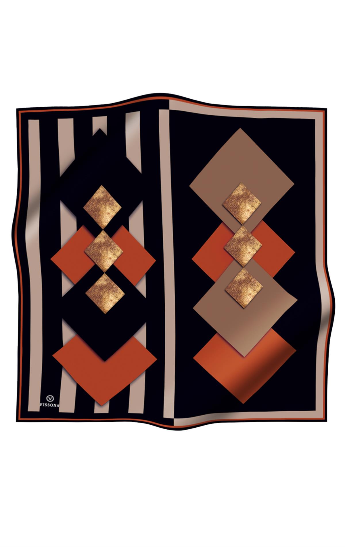 %100 Twill İpek Karo Desenli Bej - Taba Renkli 90x90 Eşarp Dikim Şekli : El Dikişi