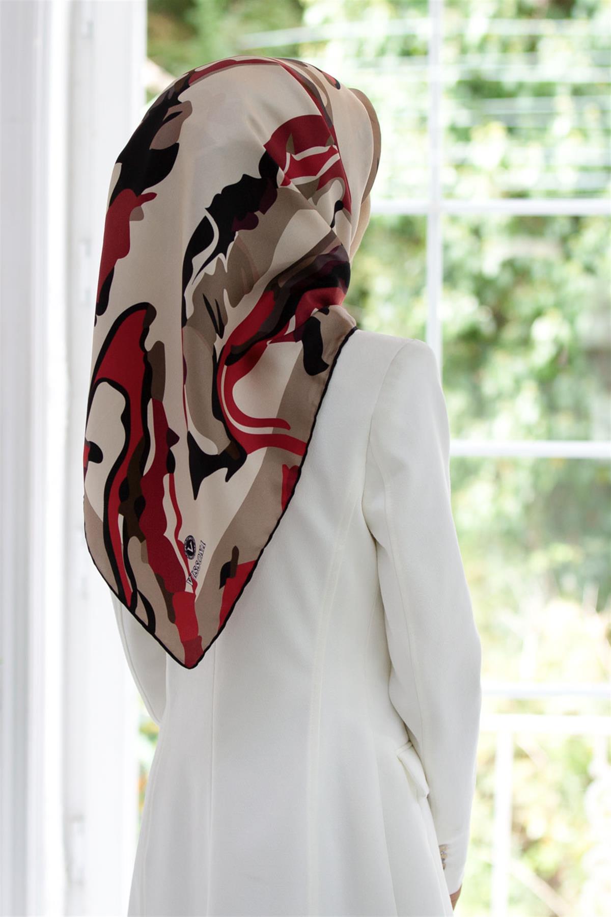 %100 Twill İpek Batik Desenli Vizon - Bordo Renkli 90x90 Eşarp Dikim Şekli : El Dikişi