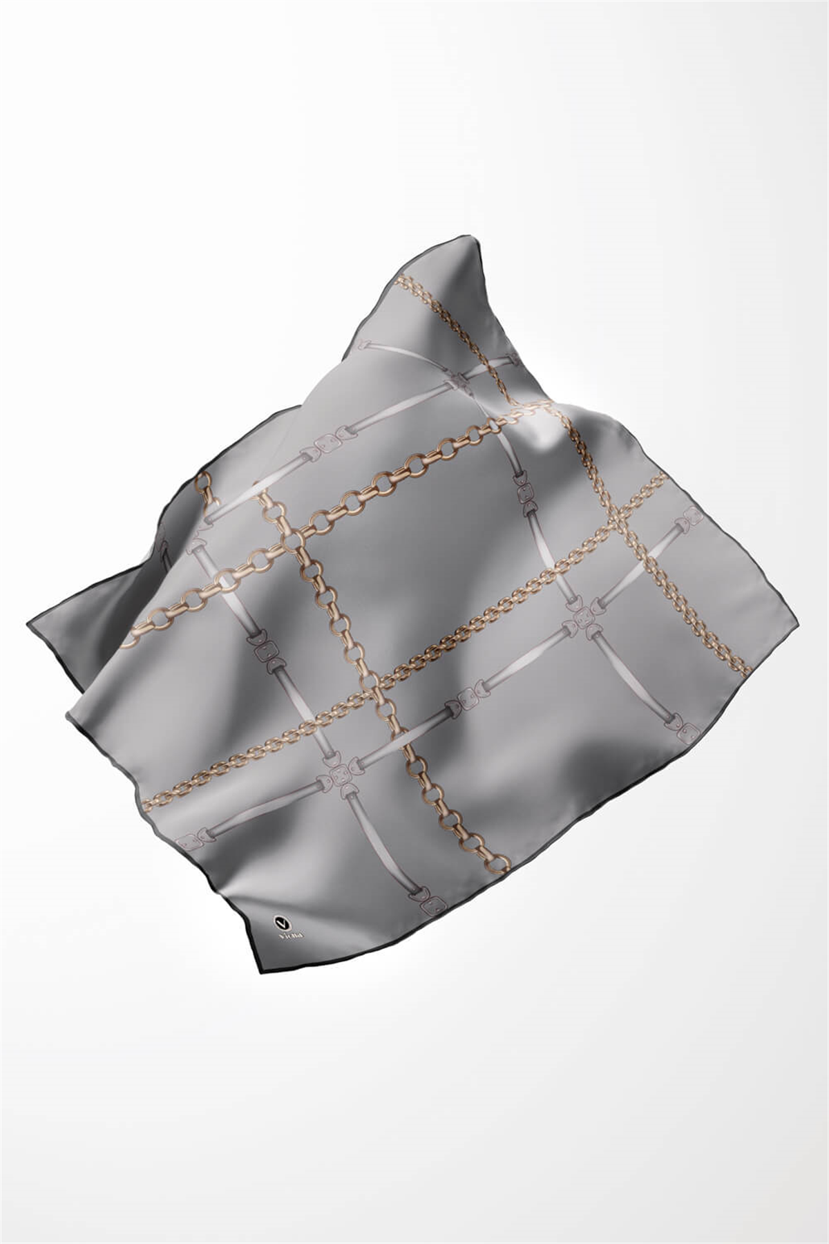 Twill Zincir ve Kemer Desenli Gri Renkli 90x90 Eşarp (İpek İçermez) Kenar Dikiş Şekli El Dikişli