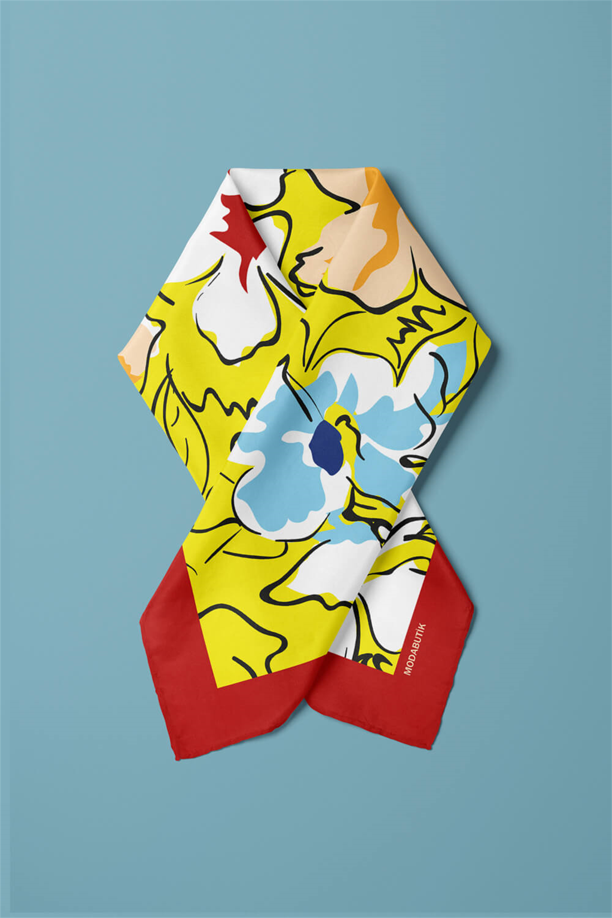 B109 Kadın Yaprak Desenli Bandana 50x50 Sarı Mavi DG0476-22