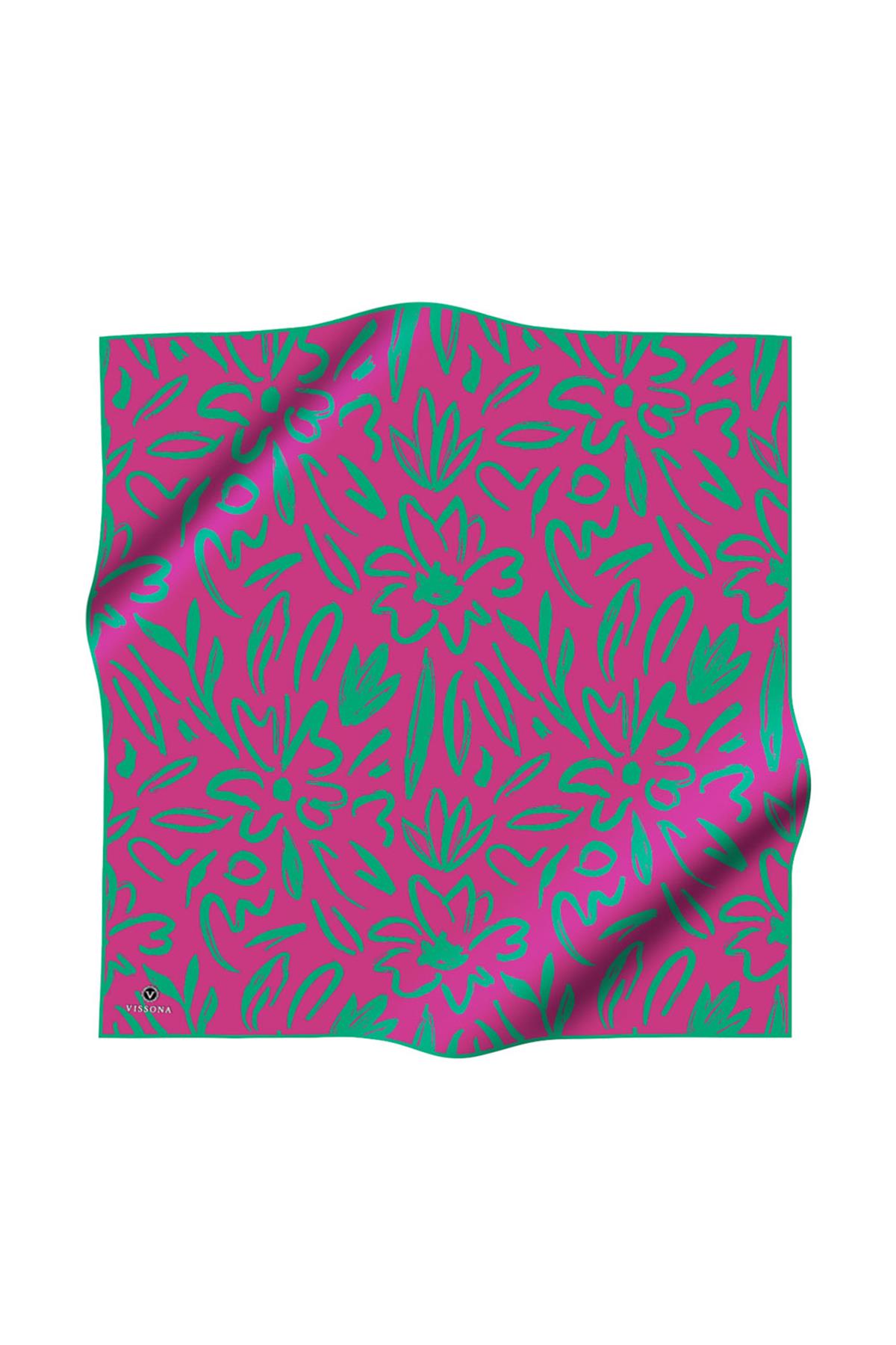 %100 Twill İpek Büyük Çiçek Desenli Fuşya - Koyu Mint Yeşili Renkli 90x90 Eşarp Dikim Şekli : El Dikişi
