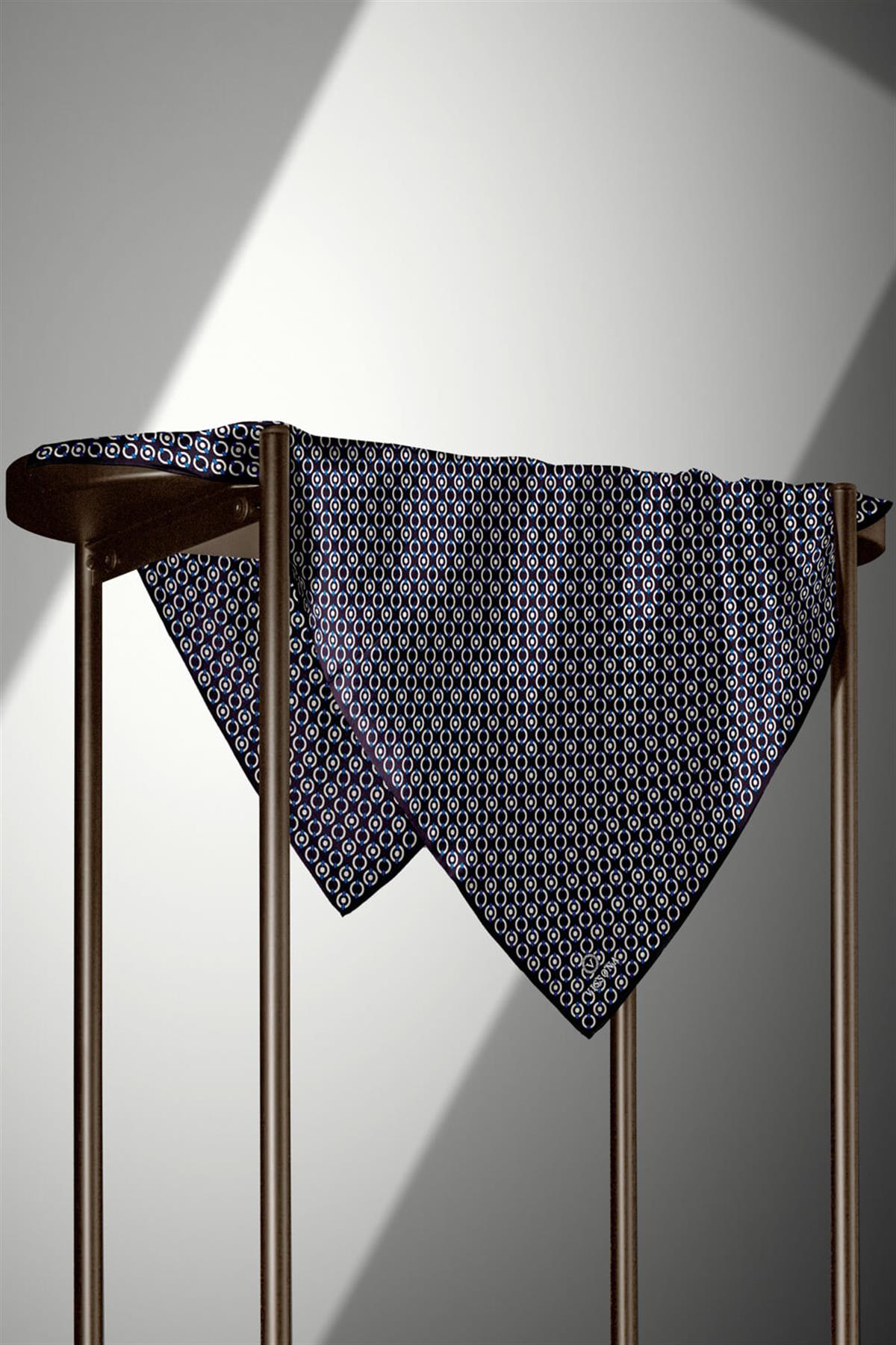 %100 Twill İpek Zincir Desenli Siyah - Saks Renkli 90x90 Eşarp Kenar Dikiş Şekli El Dikişli