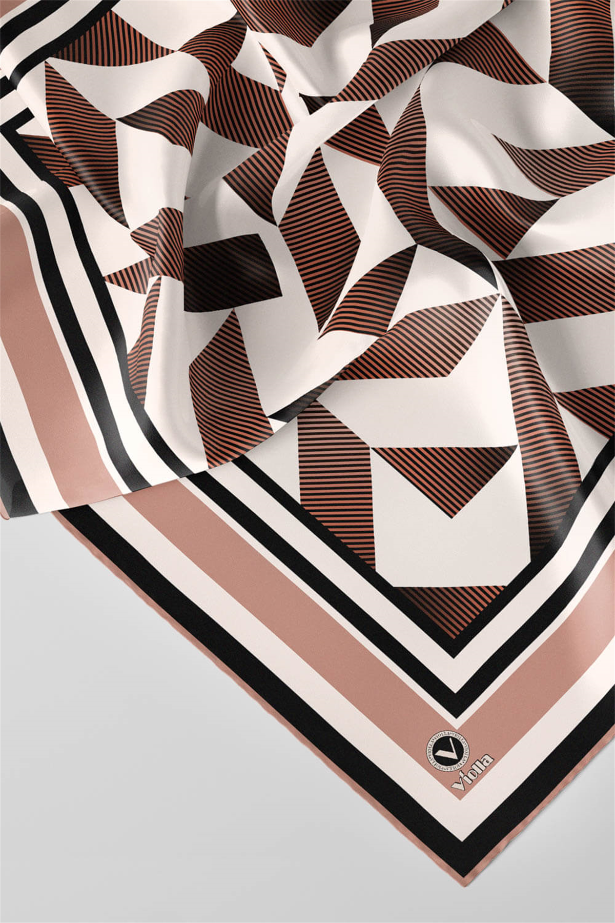 Twill Geometrik Desenli Somon Renkli 90x90 Eşarp (İpek İçermez) Kenar Dikiş Şekli El Dikişli