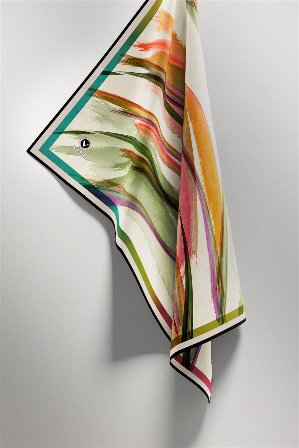Twill Fırça Desenli Turuncu - Haki Renkli 90x90 Eşarp (İpek İçermez) Kenar Dikiş Şekli El Dikişli
