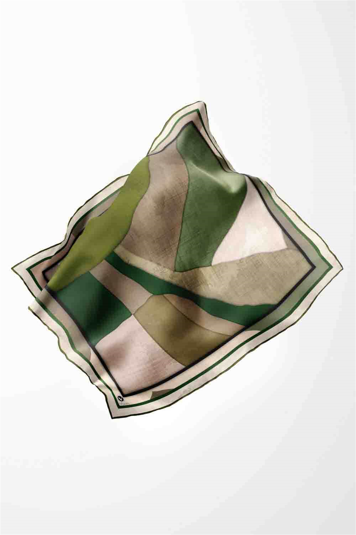 Twill Geometrik Desenli Haki Renkli 90x90 Eşarp (İpek İçermez) Kenar Dikiş Şekli El Dikişli