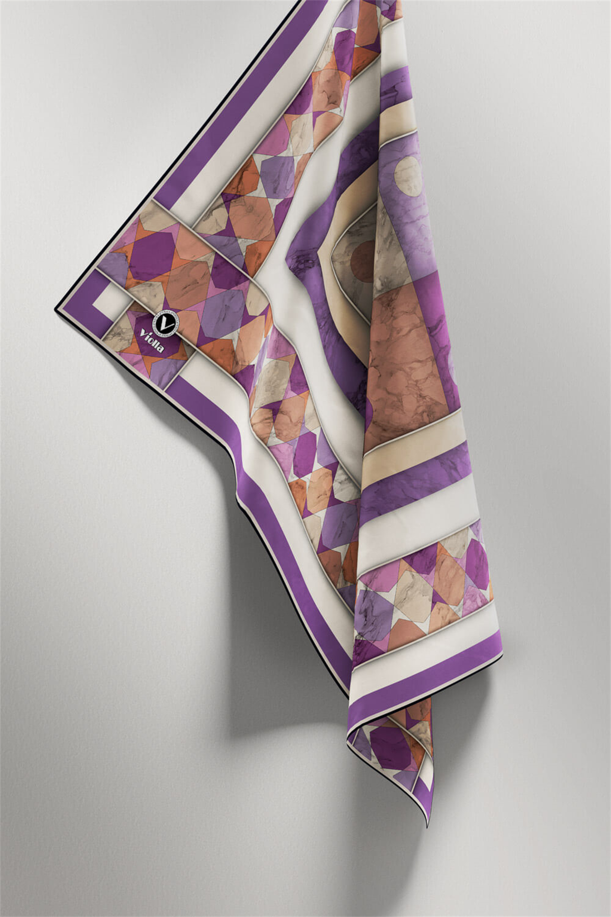 Twill Geometrik Mermer Desenli Lila Renkli 90x90 Eşarp (İpek İçermez) Kenar Dikiş Şekli El Dikişli
