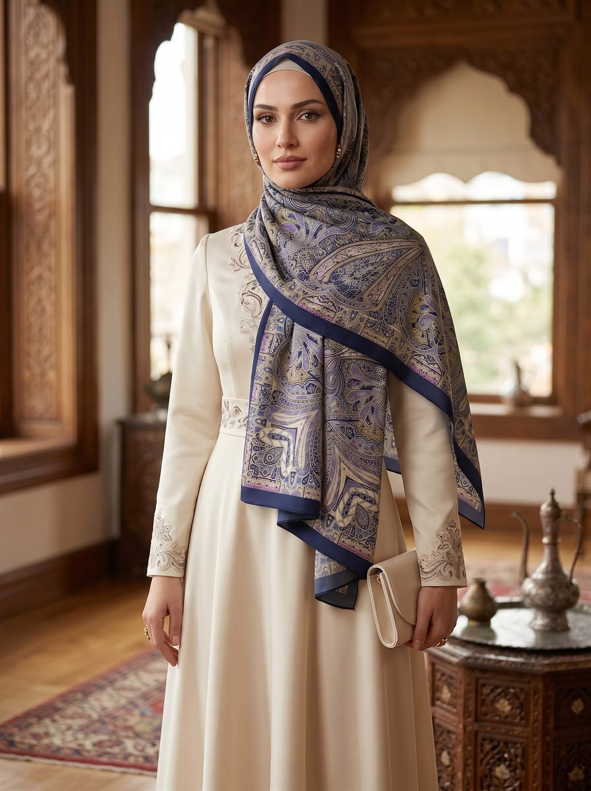 100% İpek Etro Desenli Lacivert - Gold Renkli 92x210 Şal
